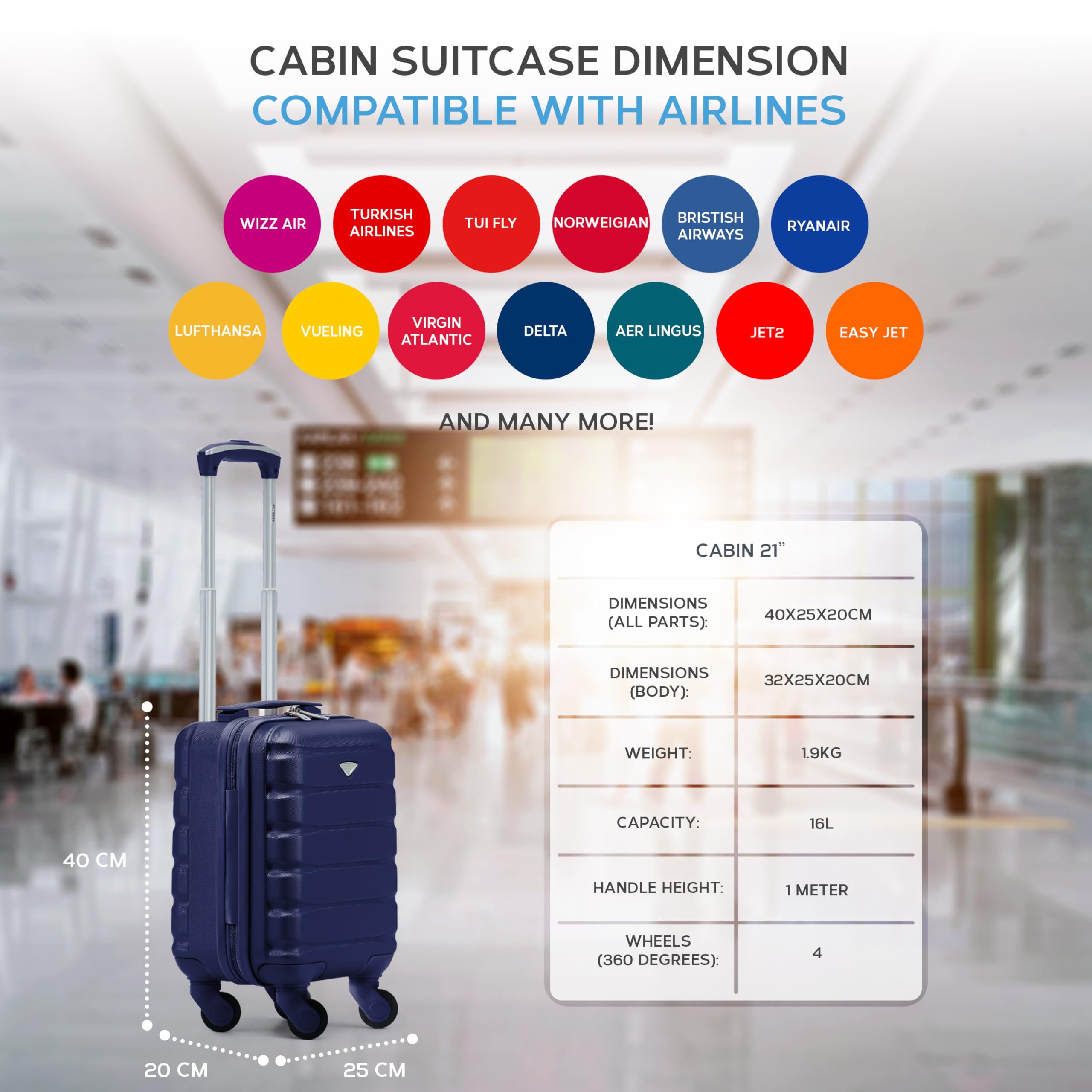 Flight Knight 40x20x25 Ryanair Underseat Cabin Bag, Lightweight Suitcase, Small Durable 4-Wheel Cabin Case, Maximum Carry-On Size, ABS Hard Shell, 10kg Hand Luggage Bag- 40 x 20 x 25