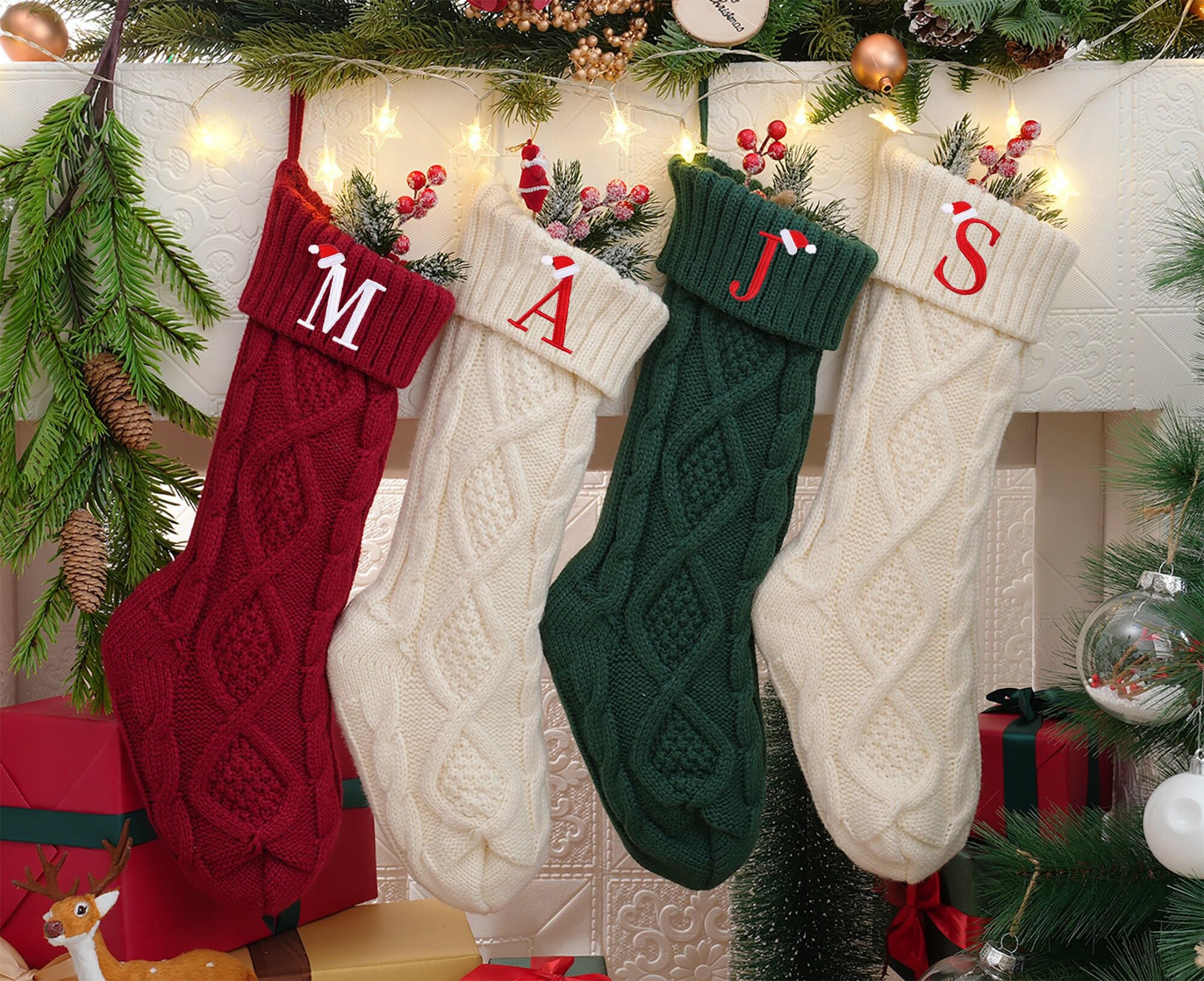 Personalized Christmas Stockings with Initials, 18 Inches Large Embroidered Monogrammed Cable Knit Christmas Stocking for Family, Xmas Holiday Party Gifts & Decoration for Fireplace(Burgundy,Letter J)