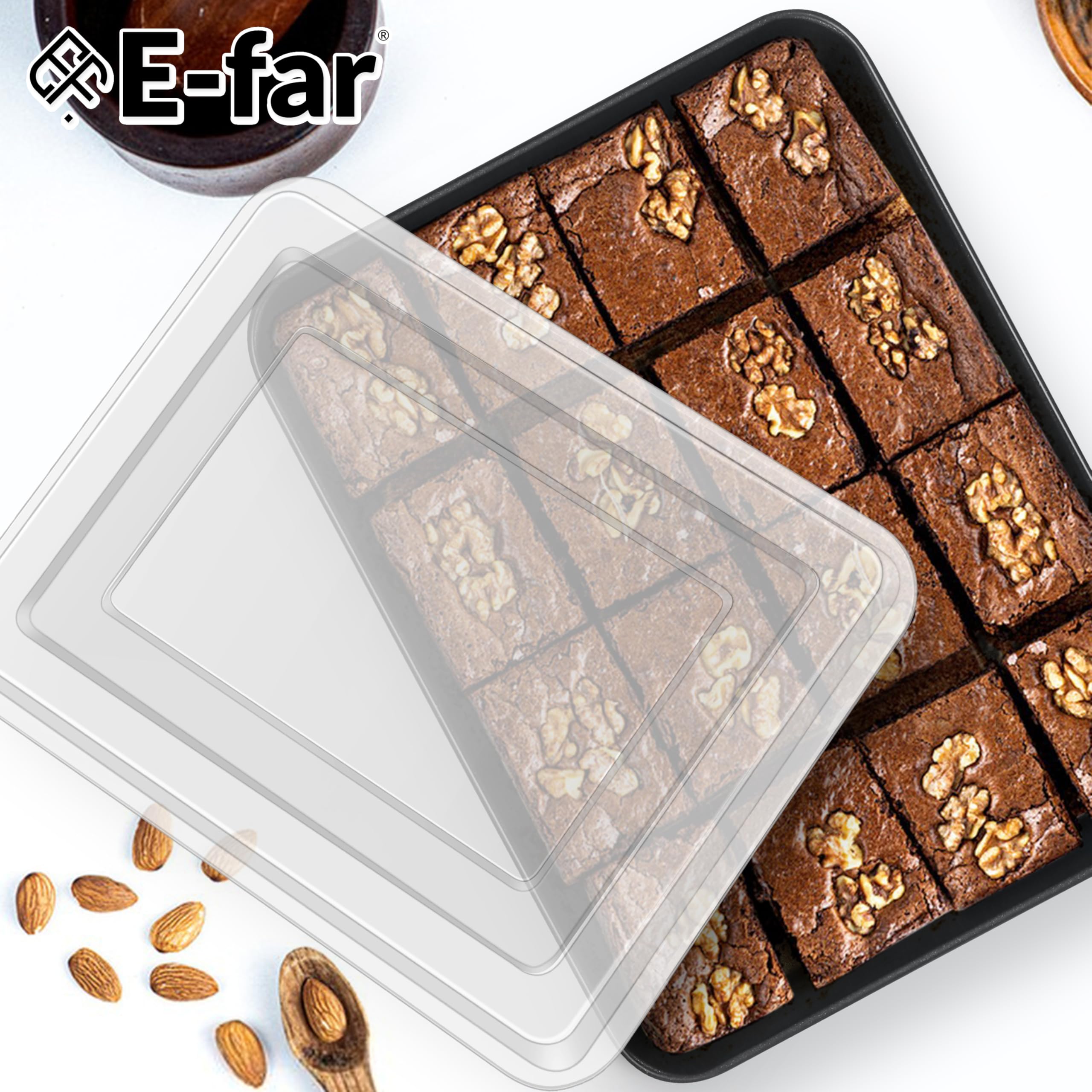 E-far Molde pequeño para hornear con tapa, molde rectangular de acero inoxidable antiadherente de 10.4 x 8 pulgadas con tapa para hornear brownies, lasaña, núcleo de acero inoxidable y revestimiento