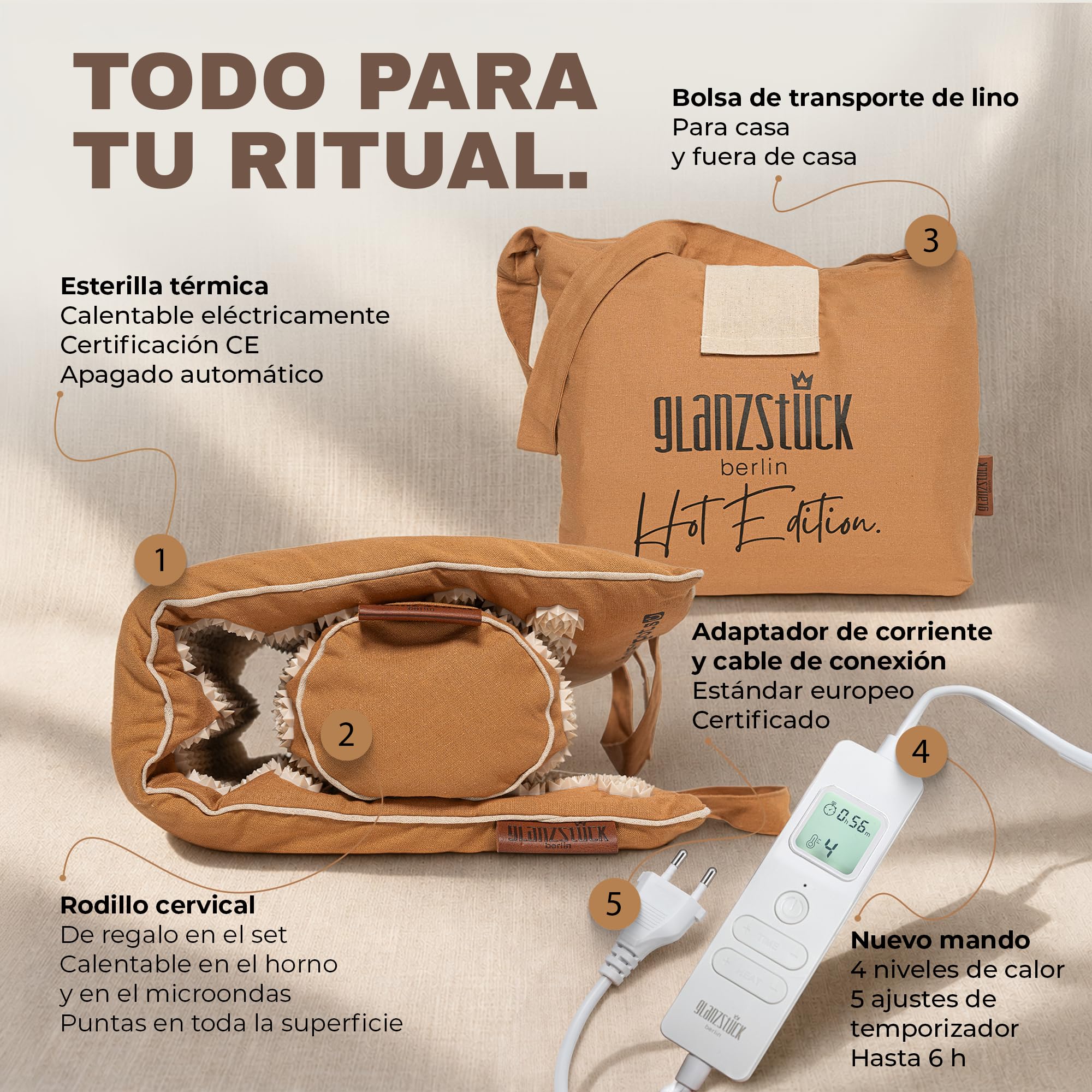 Glanzstück Berlin® Esterilla de acupresión calefactable – Edición caliente con función de calor y 4 niveles de calor, juego de 6850 puntas de flores para espalda y cuello | 72 × 42 cm