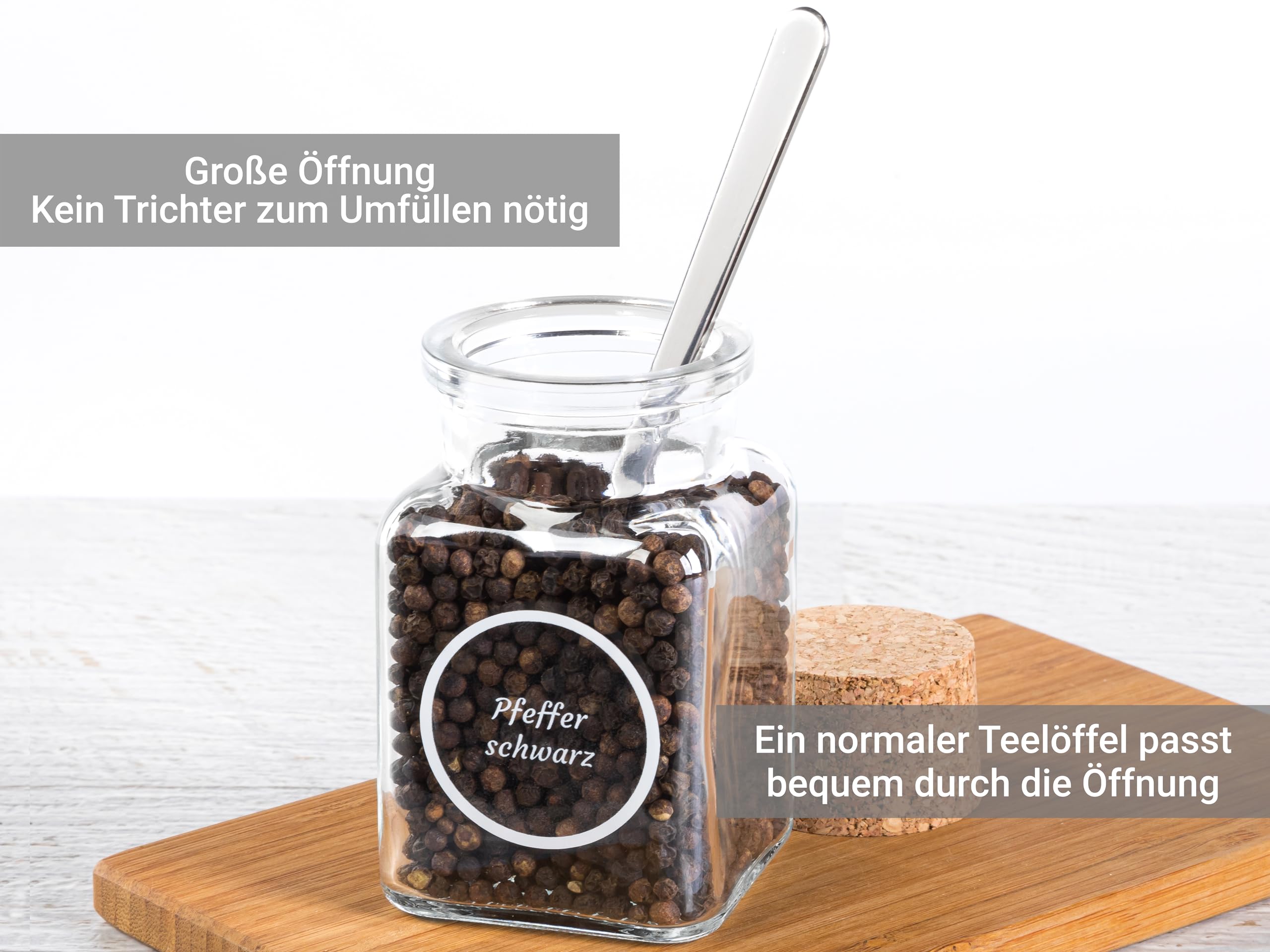 30x Gewürzgläser mit Korkverschluss & 94x Etiketten im Set | Vorratsgläser und Gewürzdosen für Gewürze und Kräuter - sauber beschriftet in Schublade und Regal