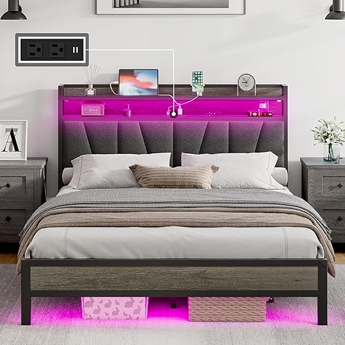Miniatura 1 de AMERLIFE Base de cama LED de tamaño matrimonial con estación de carga y luz LED RGBW, cabecera de almacenamiento tapizada de lino, listones de metal