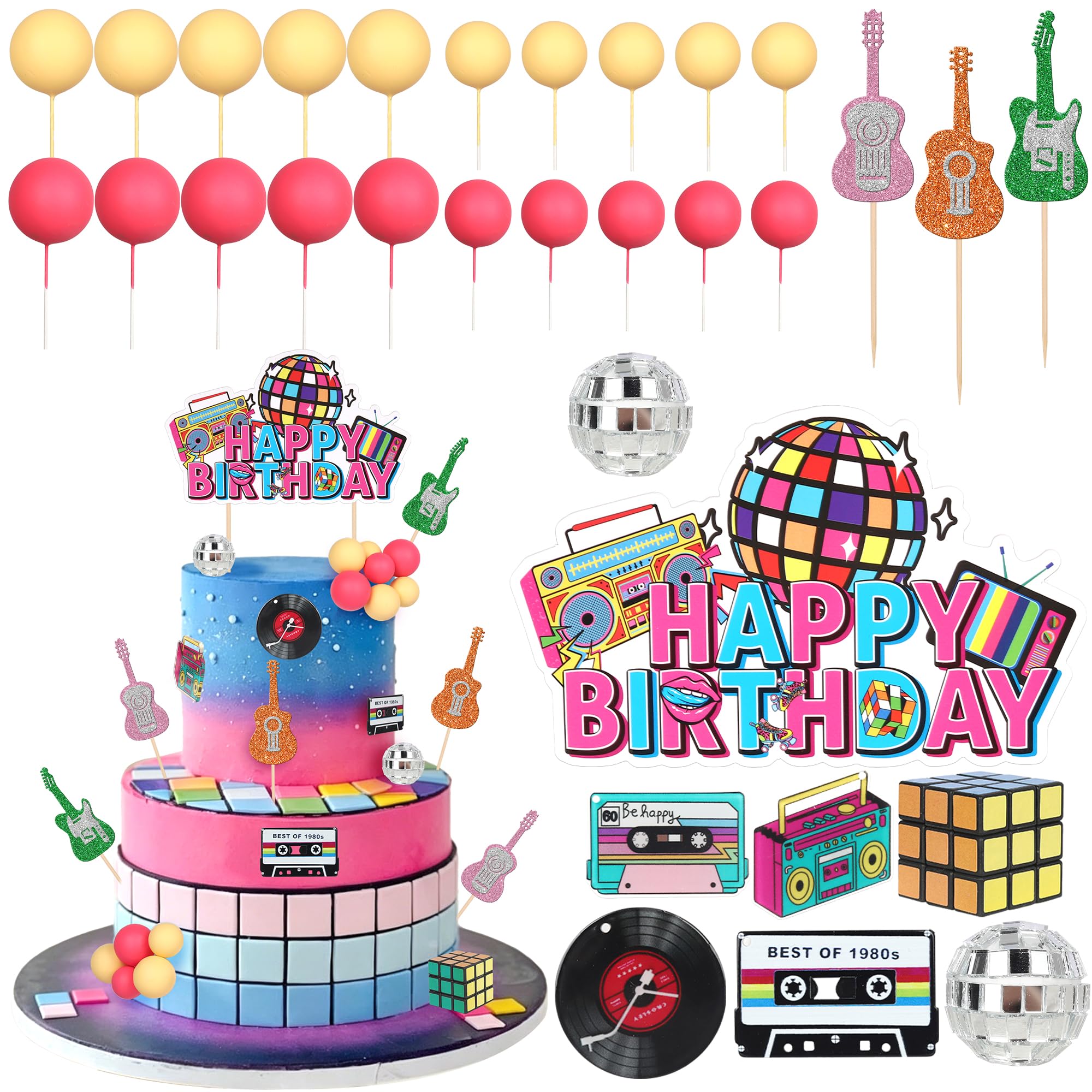 SYKYCTCY 34 Pack Music Cake Toppers Rubik's Cube Guitar Recorder Tape Cake Picks Musical Birthday Party Cake Decorations for Musical Cake Toppers Set Girls Music Karaoke Theme Birthday Party Supplies