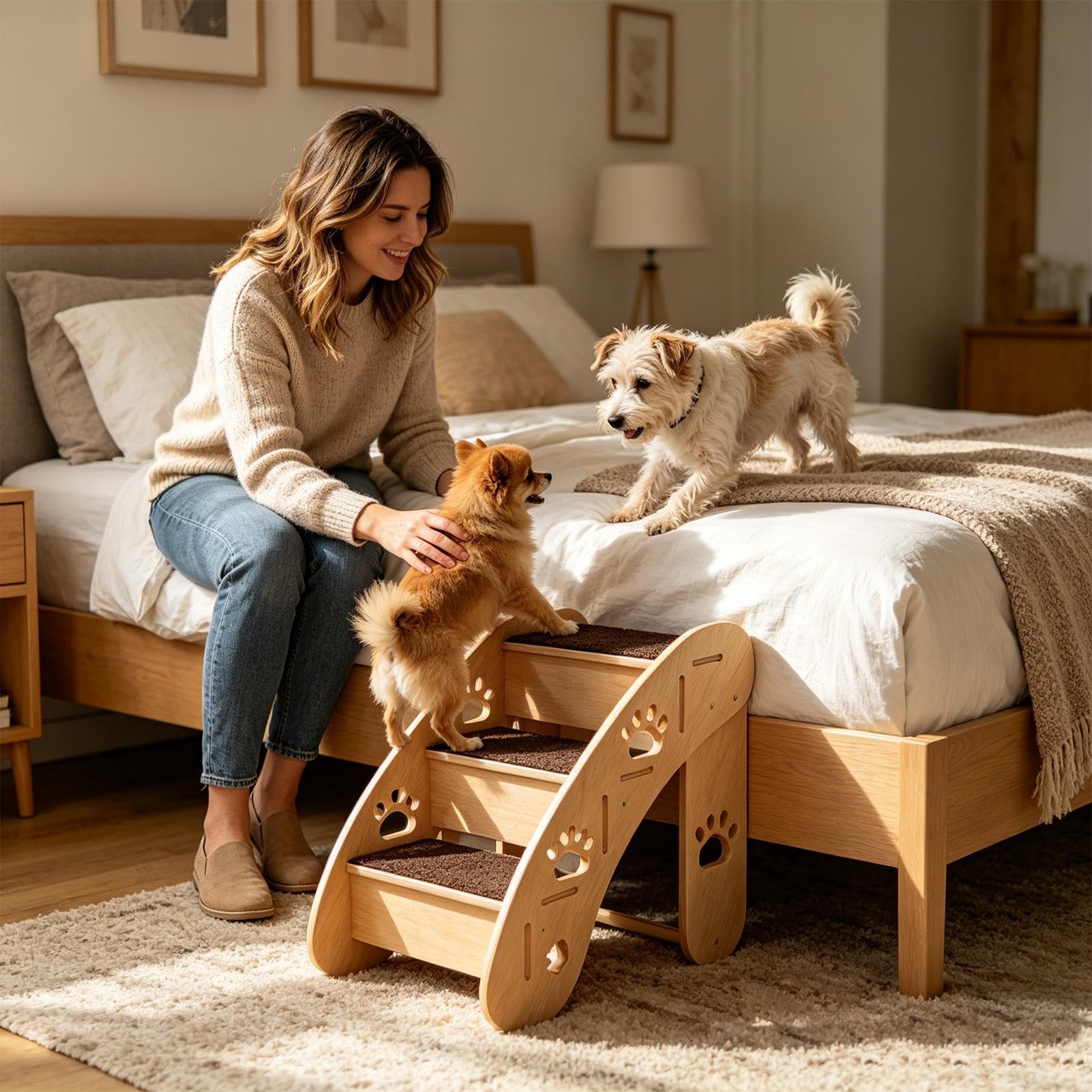 Kleine Hundetreppe - Holzgestell Mit Rutschfester Matte Und Dreieckiger Struktur, Kletterleiter Für Das -Sofa | Für Ältere Katzen, Welpen, Sofa, Fensterbank, Hohes Bett, Autositz, Stuhl