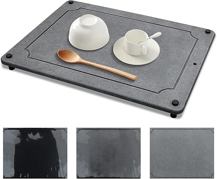 Stone Dish Drying Mat for Kitchen Counter,12 x 16 Inch Quick Drying Stone Mat with Stainless Steel Feet,Kitchen Dish Drying Pad Absorbent Draining Mat,Home Dish Rack Mat,Grey