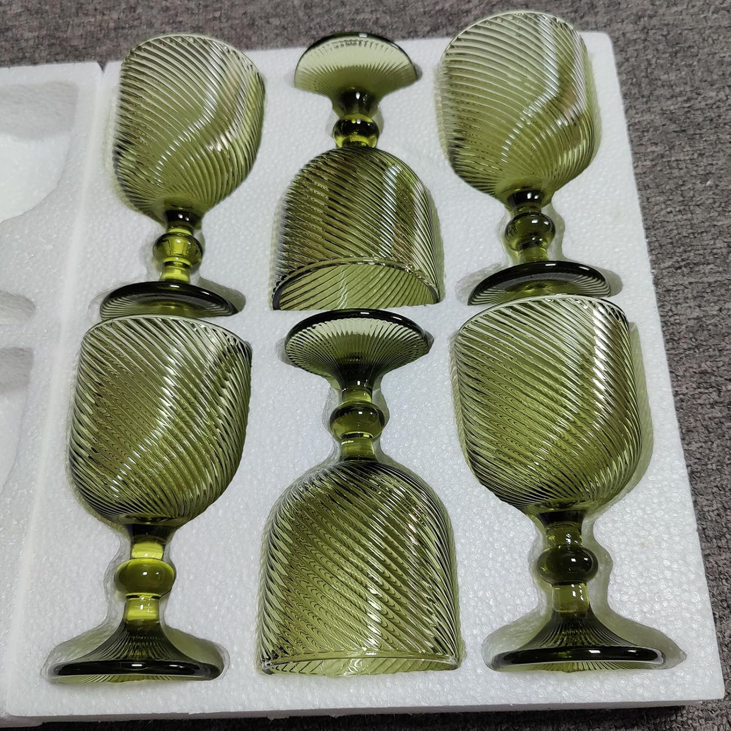 Taganov Green Glasses Drinking Wine Water Goblets Glassware set of 6 Vintage Stem Glasses Stemware 12 Ounces for Wedding Party Bar Twill Pattern Striped 350 ml