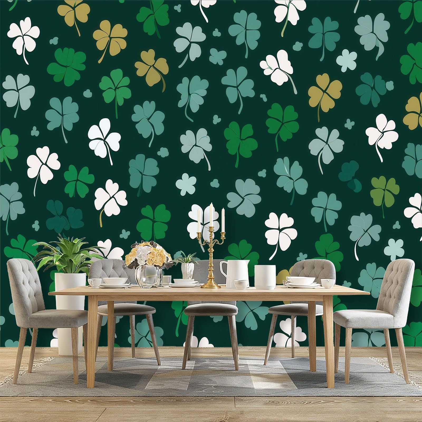 Fototapeta ciemnozielona tapeta 300 x 210 cm (szer. x wys.), nowoczesna tapeta z włókniny, efekt 3D, dekoracja ścienna, rośliny, koniczyna, festiwal, tapeta ścienna, do salonu, restauracji, pokoju