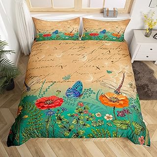 Erosebridal Dragonfly Bedding Set Poppy Flowers Duvet Cover Dragonfly Garden Decor,Retro Brown Green Comforter Cover King,Rustic Aesthetic Animal Farmhouse Decor Dragonflies Gifts for Women