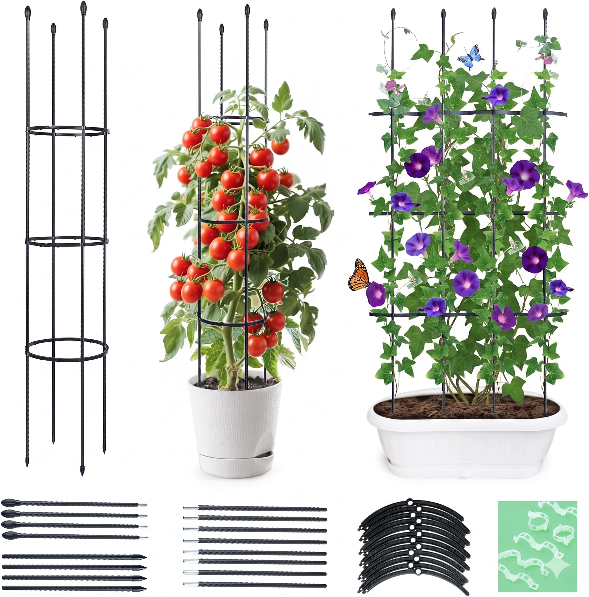 ThxToms Tuteur de Jardin en métal 160 cm avec 20 Clips pour Plantes | Cage à tomates, Support pour Plantes, obélisque, Treillis d'escalade | Plantes, tomates, Roses, Noir