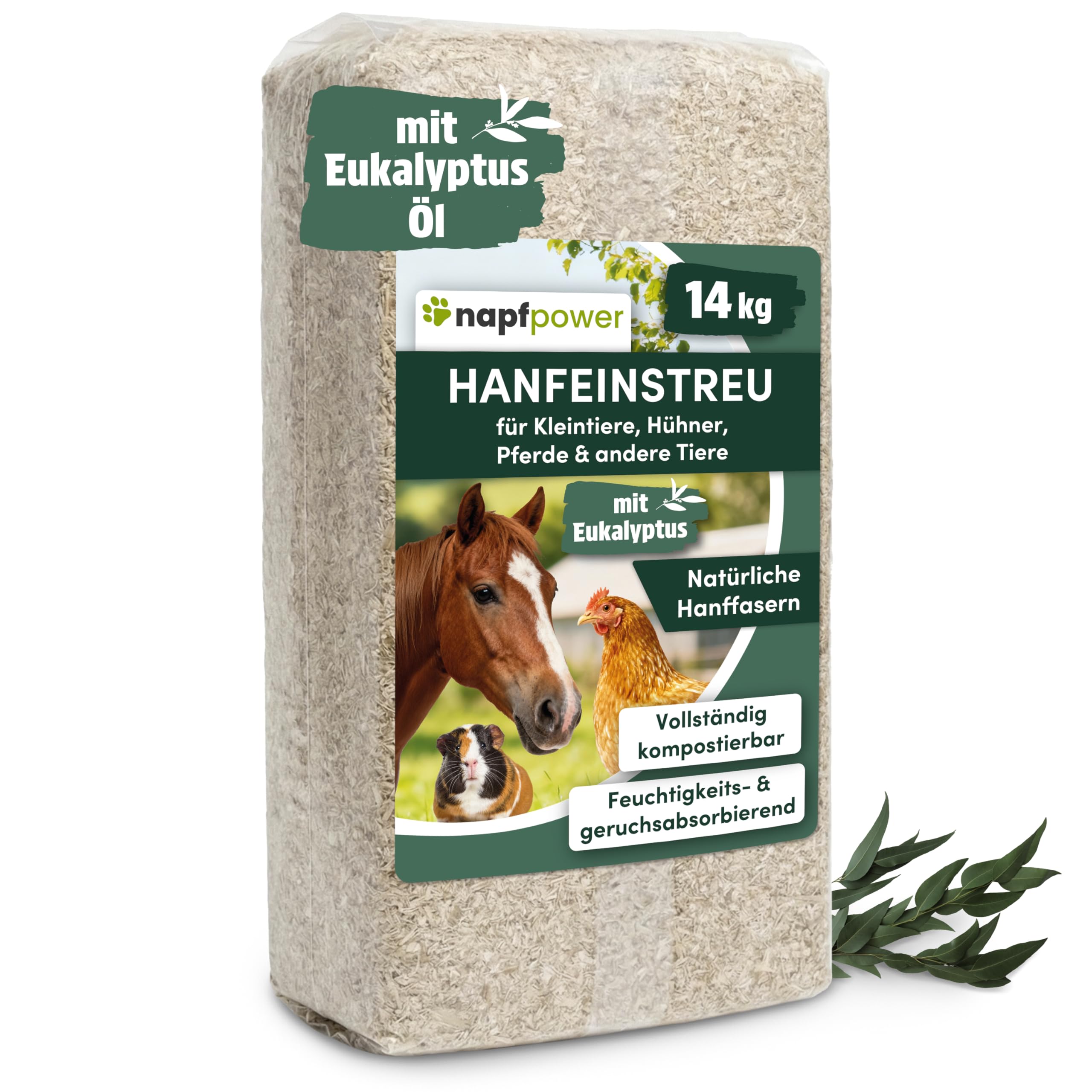 Hanfeinstreu (14 kg) mit Eukalyptus für Hühner, Kleintiere & Pferde – staubarmes Hanfstreu für Hühner & Pferde – extrem saugfähiges & kompostierbares Hanf Einstreu für Tierställe