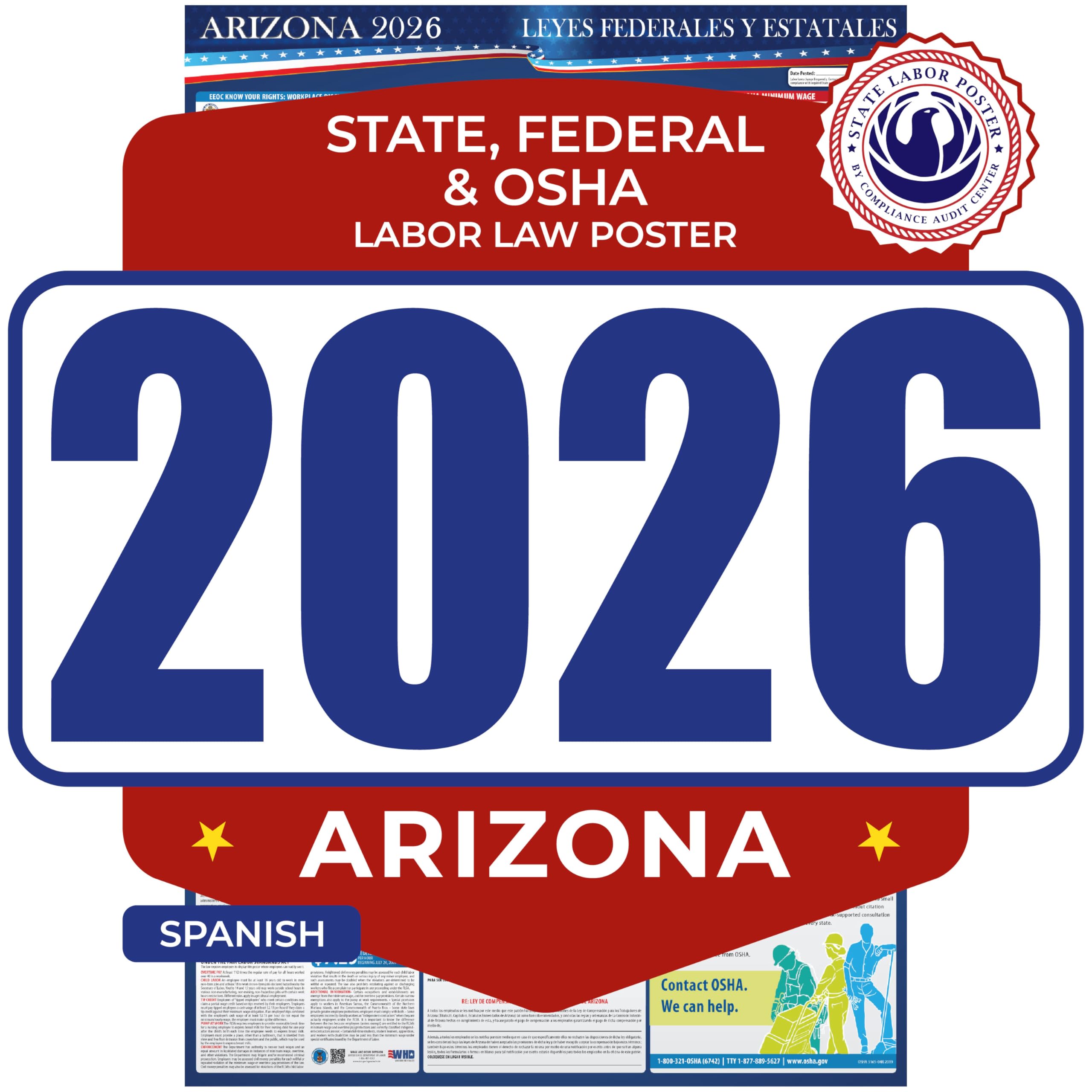2026 Arizona State and Federal Labor Law Poster - Spanish Version - OSHA Workplace Compliant - Mandatory Regulations Posting for Employees -