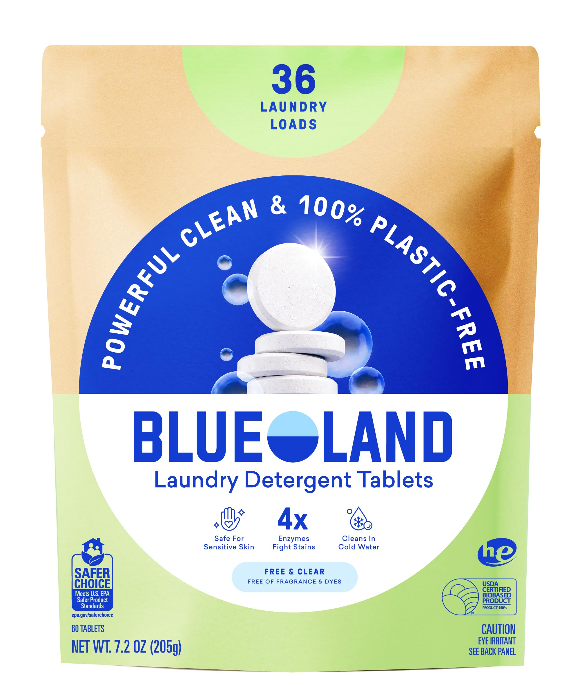 BLUELAND Laundry Detergent Tablets, 36 Count, Plastic-Free Eco-Friendly Pods, Sheets, Liquid Alternative - Fragrance Free and Clear, Natural, Gentle