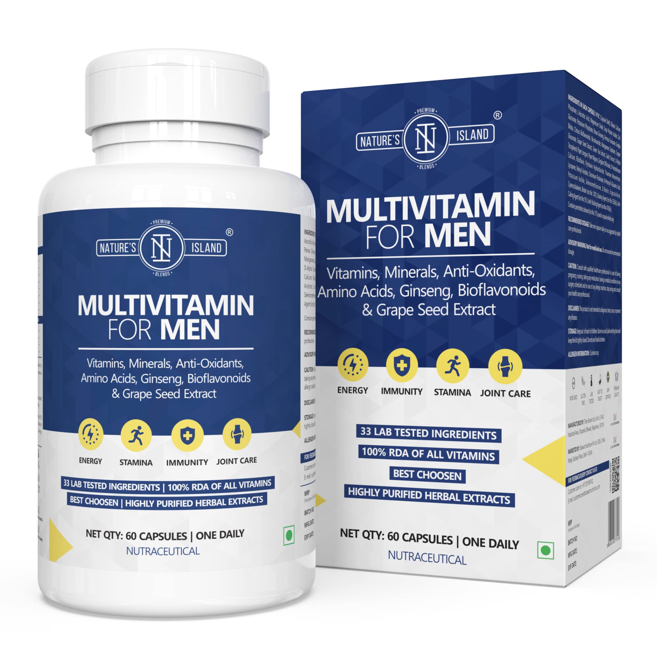 Nature's Island Multivitamin For Men - 100% RDA with Calcium,Antioxidants, Amino Acids, Ginseng, Bioflavonoids & Grape Seed Extract|Boosts Immunity, Stamina & Joint Health|60 Capsules