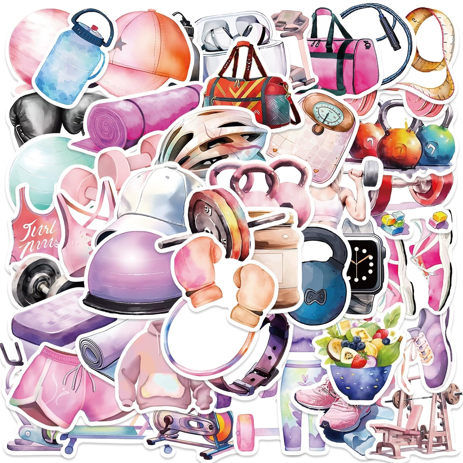 50 PCS Cartoon Workout Equipment Sticker Pack of Fitness Stickers Gym Decals for Laptops Skateboard Water Bottles Luggage (Cartoon Workout Equipment Sticker)