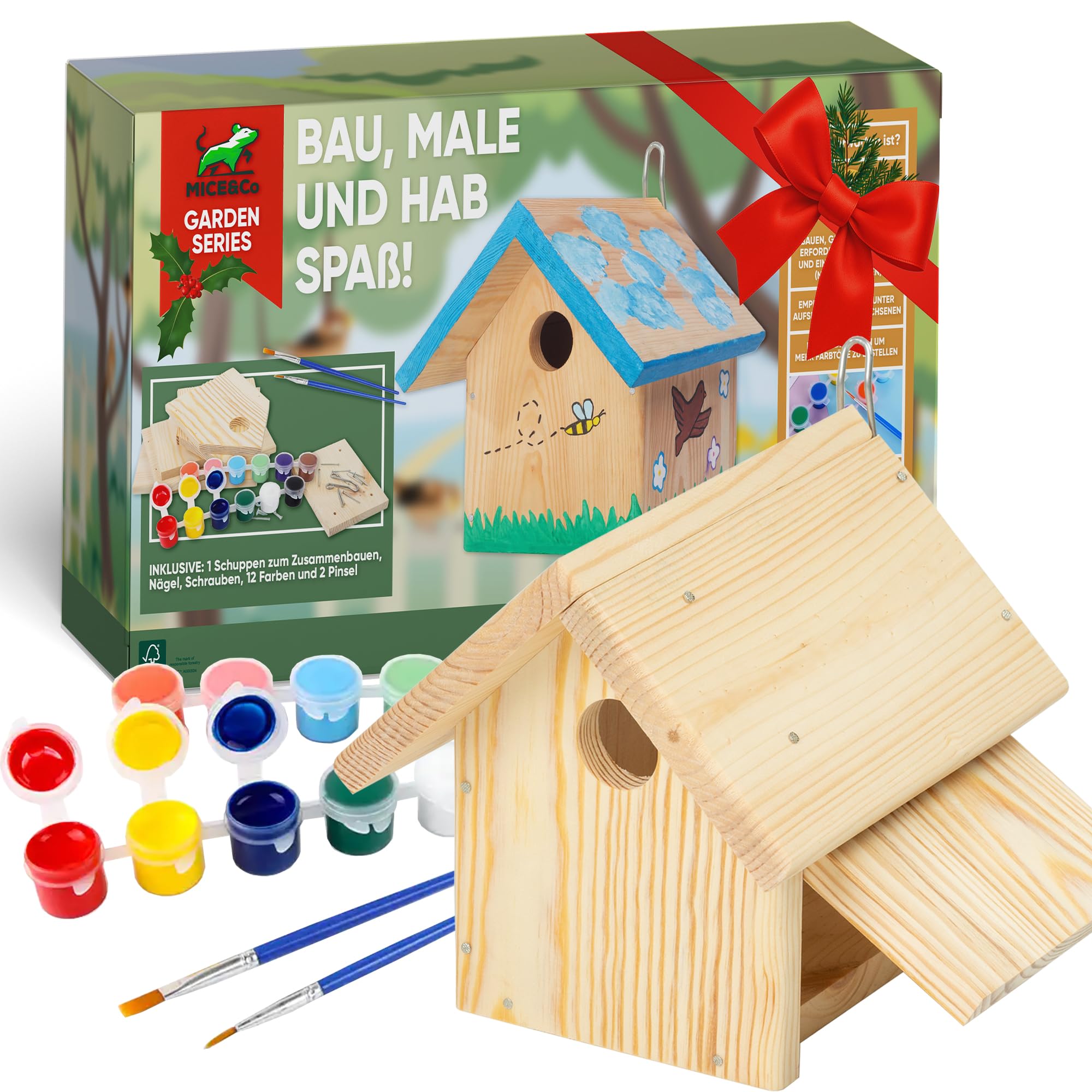 Mice&Co Vogelhaus aus Holz zum Bemalen | DIY Bastelset Nistkasten Garten | Mit 12 Farben und 2 Pinseln | Bauen, Bemalen und Gestalten als Familie