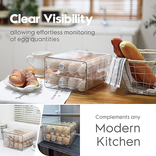 Miniatura 3 de Sea Team Soporte para huevos de plástico transparente para refrigerador, contenedor apilable para huevos con 2 bandejas extraíbles, dispensador para