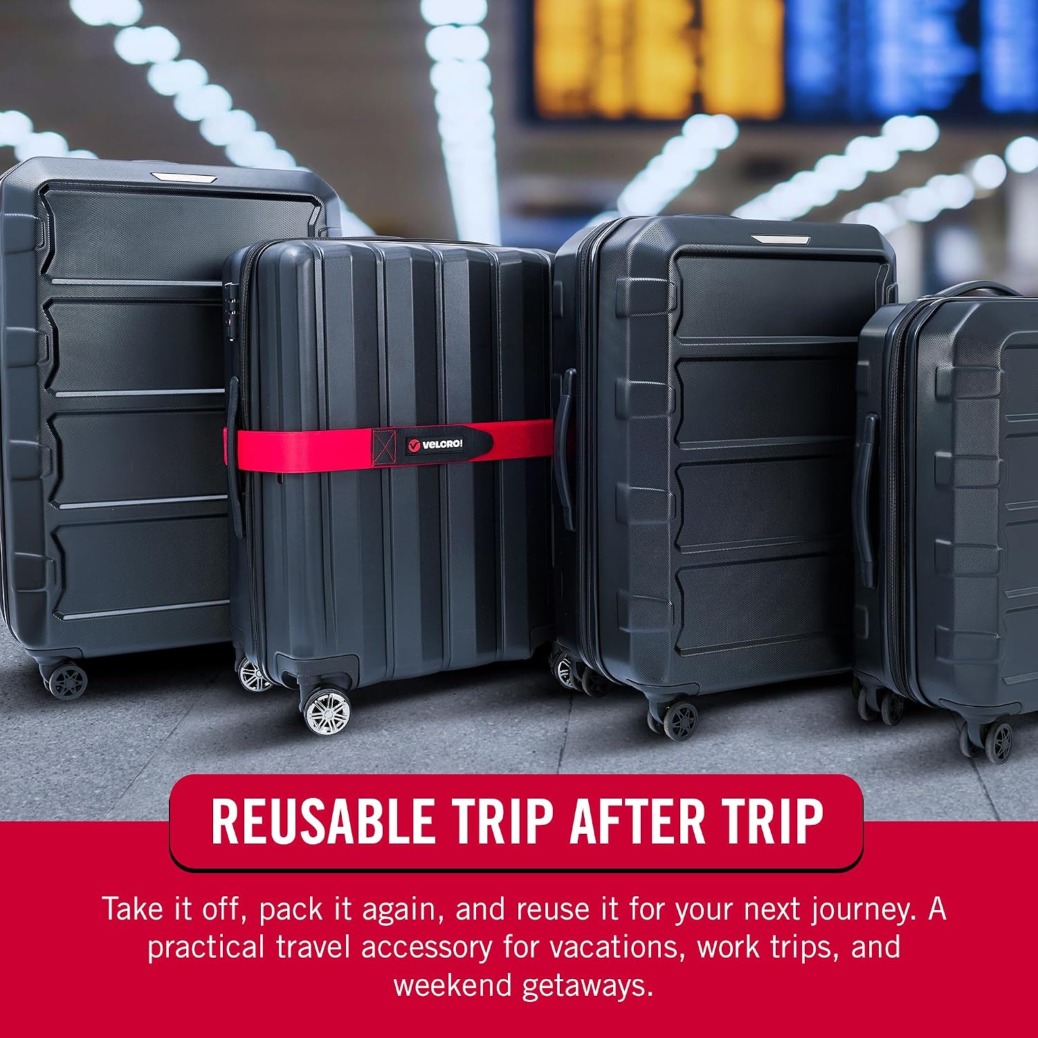 Velcro Brand Luggage Strap for Suitcases, Find Your Bag Fast at Baggage Claim, Strong Adjustable Cinch for Secure Travel Fit, Reinforced Stitching Protects Zippers, No Scratch Buckle, 6ft x 2in, Red