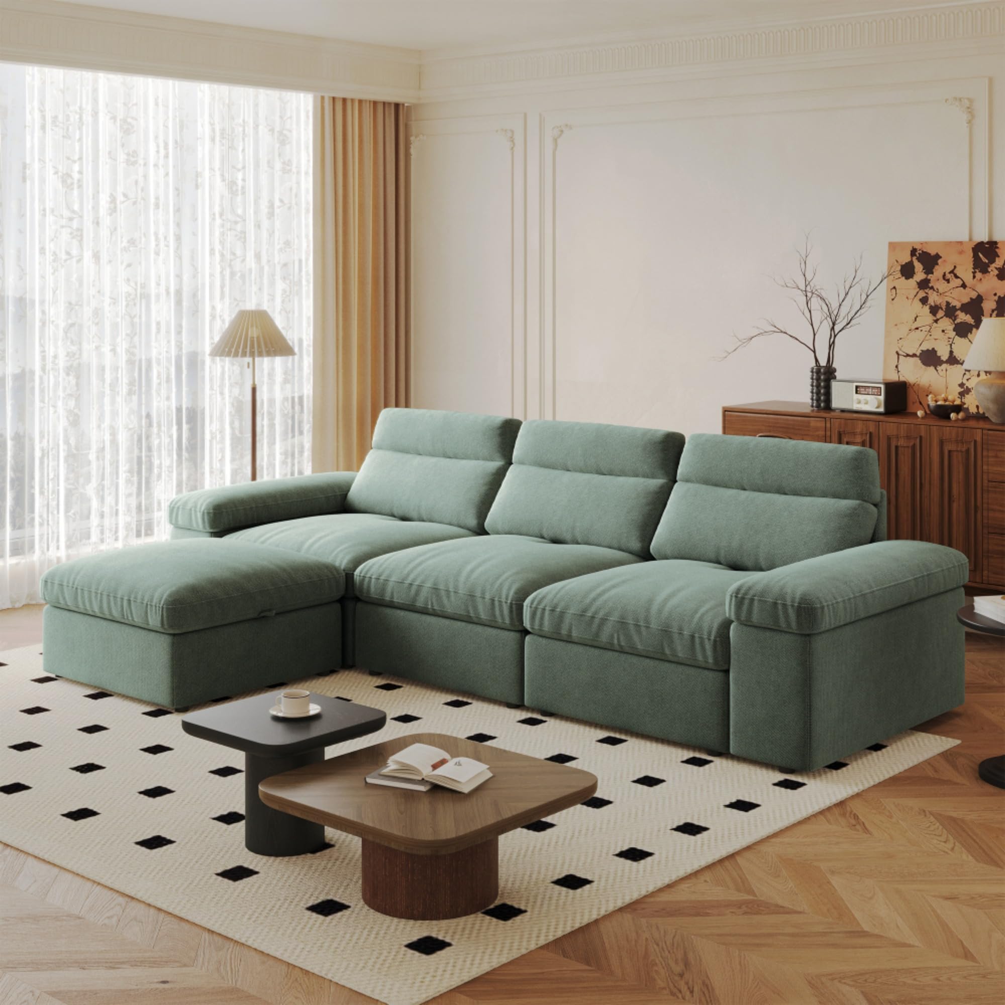 Modular sectional Sofa with Adjustable backrest deep-seat Down-Filled Cushions Linen-Blend Upholstery Removable Storage Ottoman Hidden armrest compartments Cloud-Like