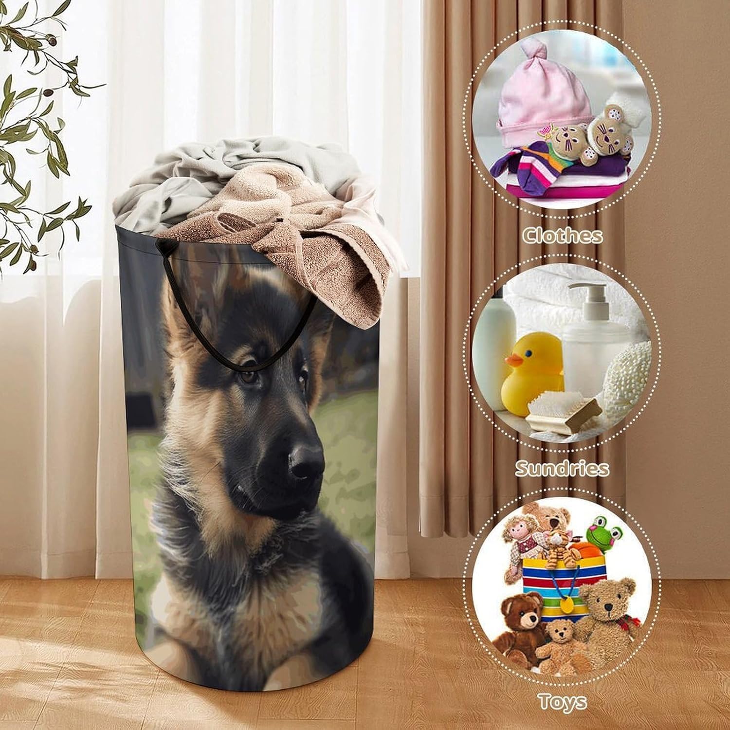 German Shepherd Puppy Laundry Basket ，Large Collapsible Laundry Hamper with Easy Carry Handles，Freestanding Waterproof Clothes Hamper for Laundry Bedroom