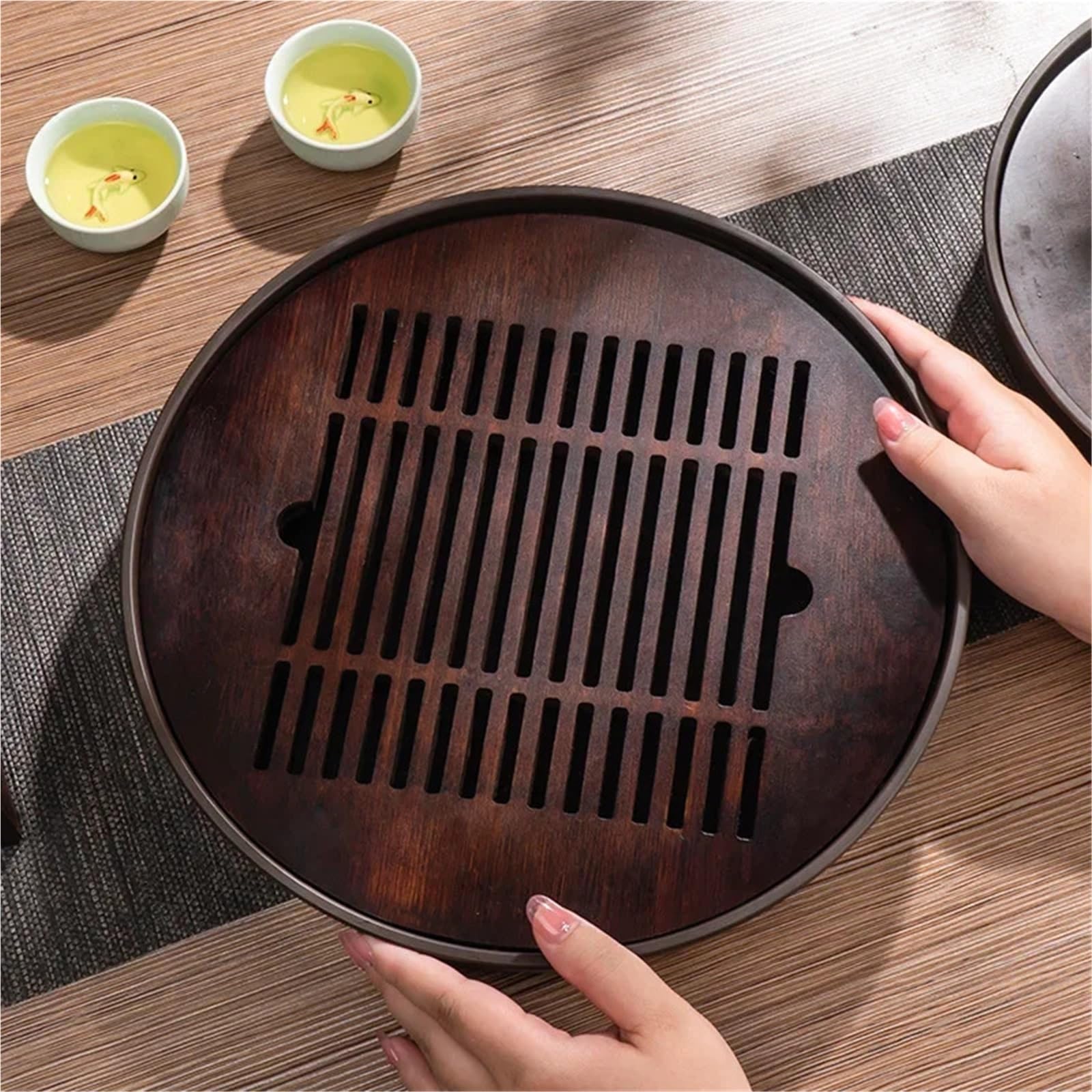 Plateau Circulaire en Bambou for Le Service des Boissons au café et à la Maison, Plateau for Conserver l'eau, for Bouilloire, Accessoires de Cuisine Plateau à thé en Bambou(Circular 25CM)
