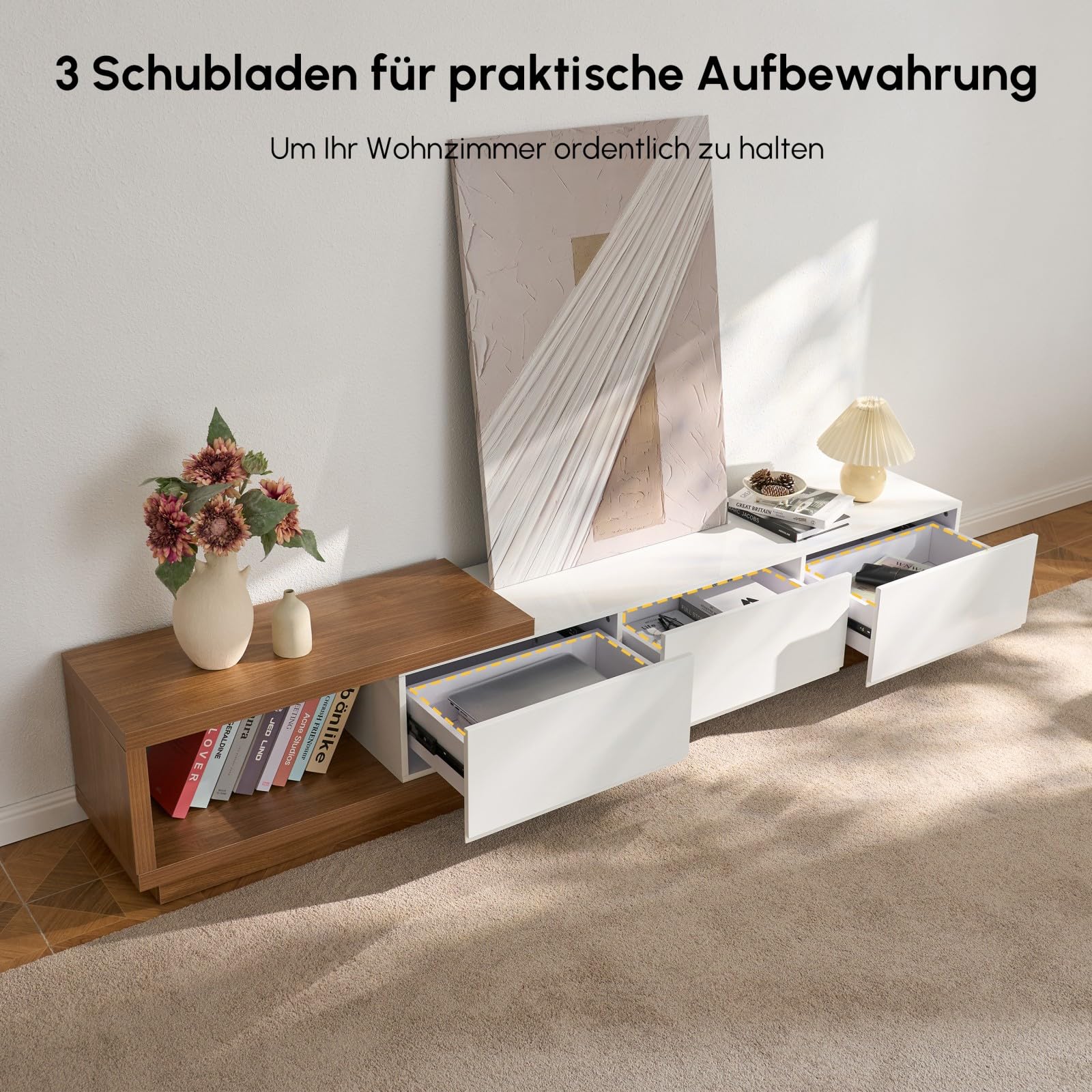 Homary Erweiterbarer TV-Schrank 179-255 cm, TV-Möbel mit 3 Schubladen