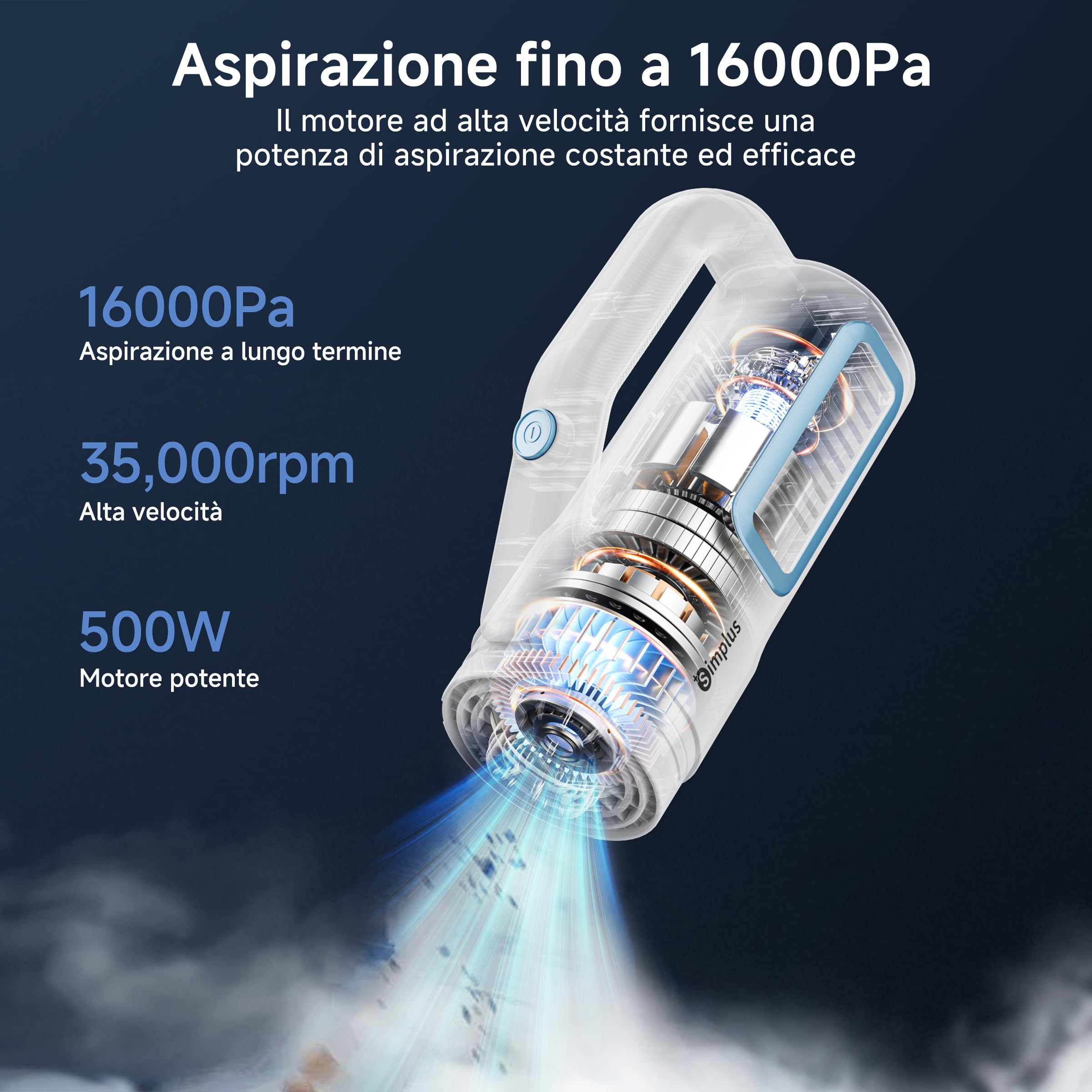 SIMPLUS Aspirapolvere 9 in 1 con cavo, 500 W, 16 KPa, aspirapolvere a mano e a mano, leggero da 1 kg, HEPA F8, cavo da 4 m, senza sacchetto, per pavimenti duri, tappeti, peli di animali (bianco)
