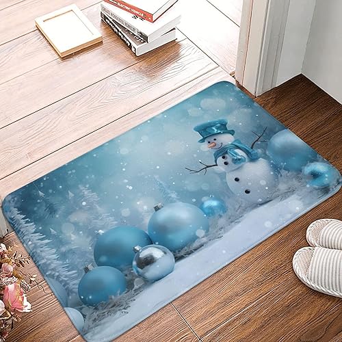 Miniatura 2 de Tapete de bienvenida con diseño de muñeco de nieve azul, bonito tapete de cocina suave para exteriores, campanilla de árbol de Navidad, lavable,