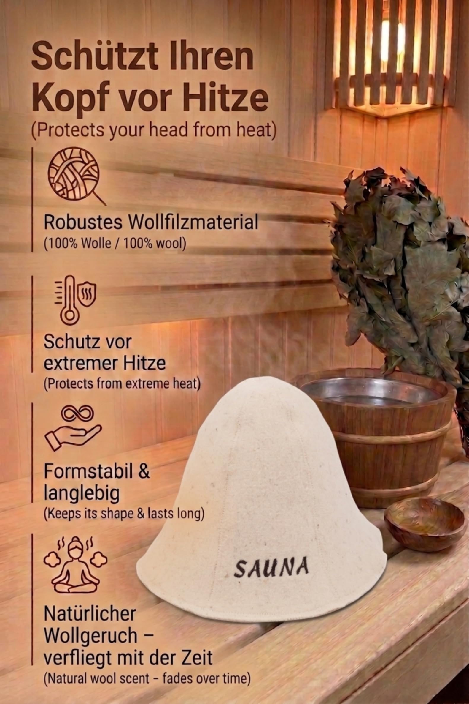 Cappello da Sauna 100% Lana con Ricamo, per Uomo e Donna