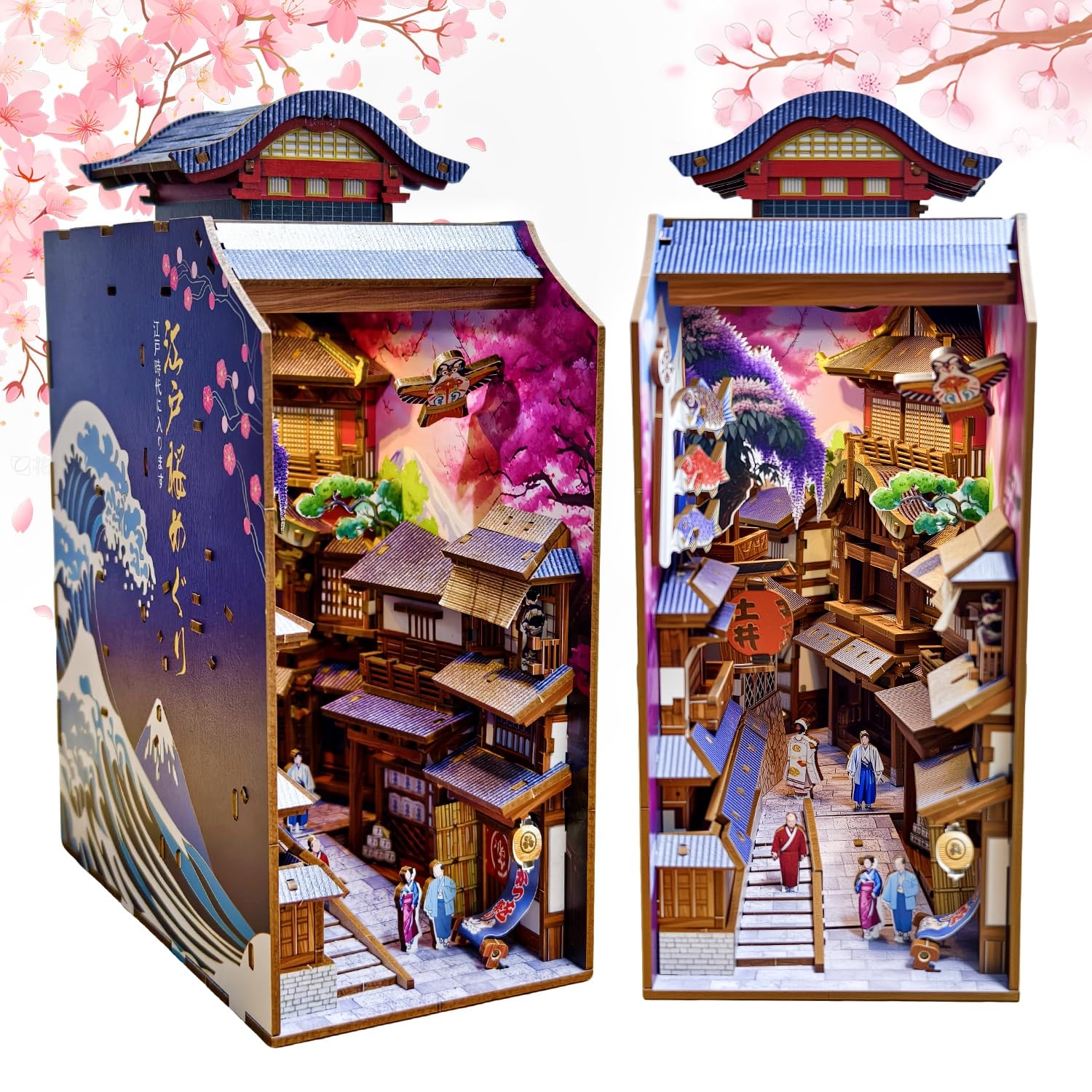 Book Nook Japan, Sakura Straße Booknook Japanischer Kit, 293PCS DIY Miniature House mit Licht, 3D Puzzle für Erwachsene und Heranwachsende, Japanische Deko Holzpuzzle Erwachsene Bücherregaldekoration