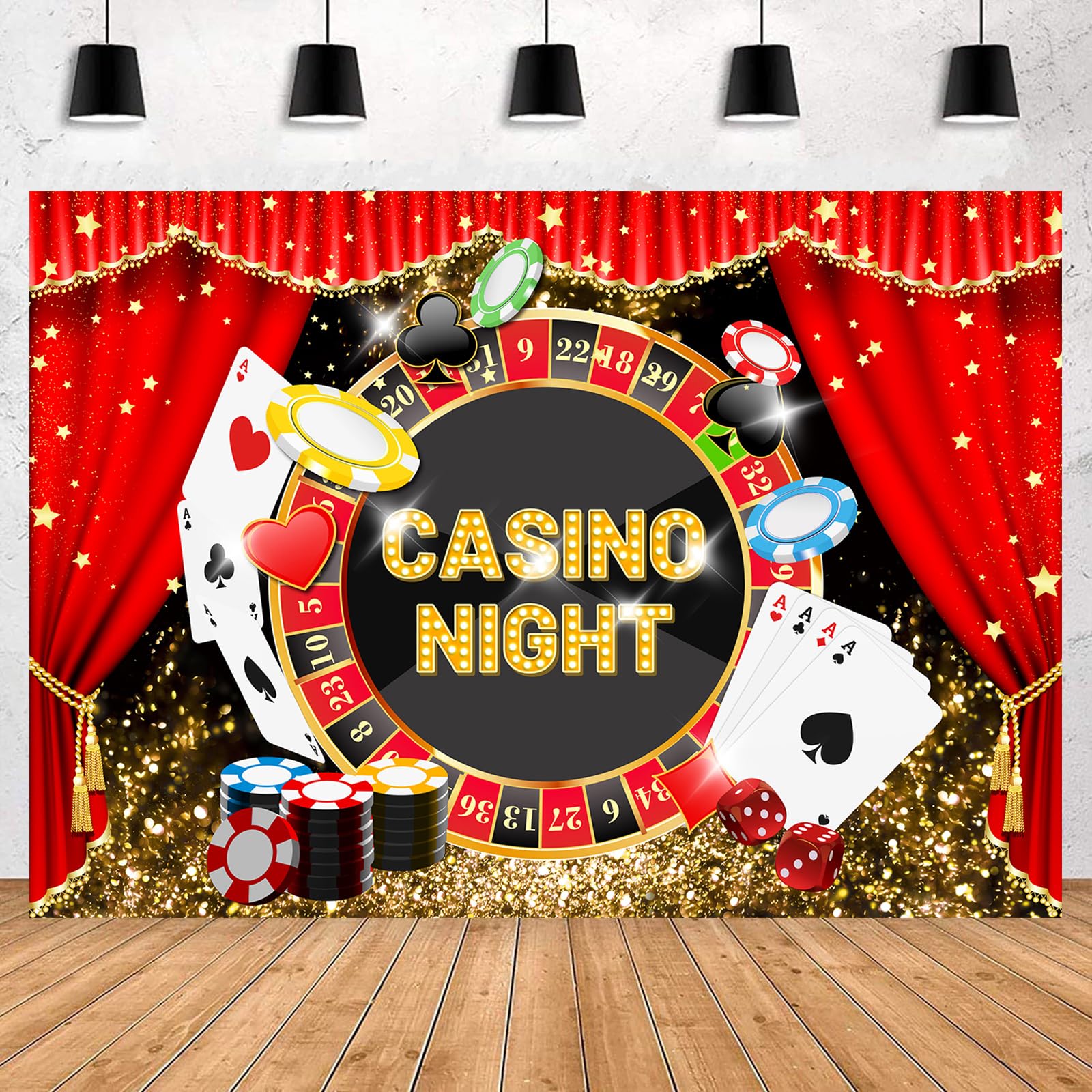 Withu Casino Night Theme Party Backdrop for Photography Glitter Gold Red Curtain Poker Dice Chips Roulette Decoration Banner Birthday Prom Ceremony
