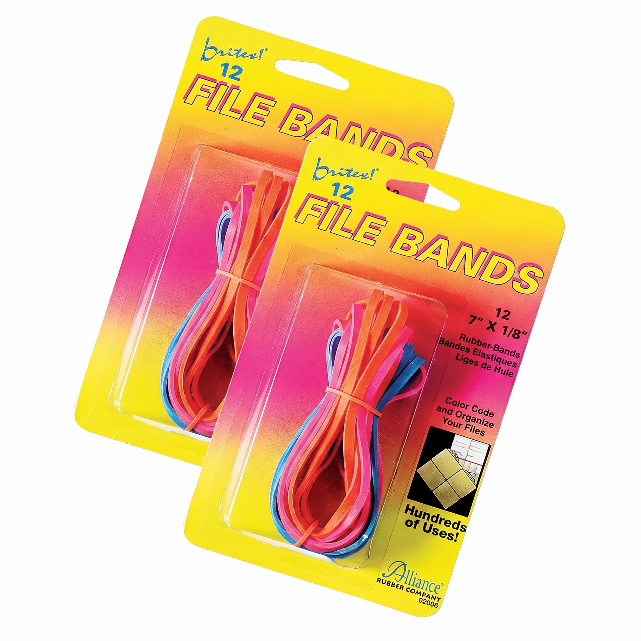 Alliance Rubber 07800 Non-Latex Brites File Bands, Colored Elastic Bands, 50 Count (Pack of 2) (7" x 1/8", Assorted Bright Colors in Resealable Bag),Blue/Orange/Pink