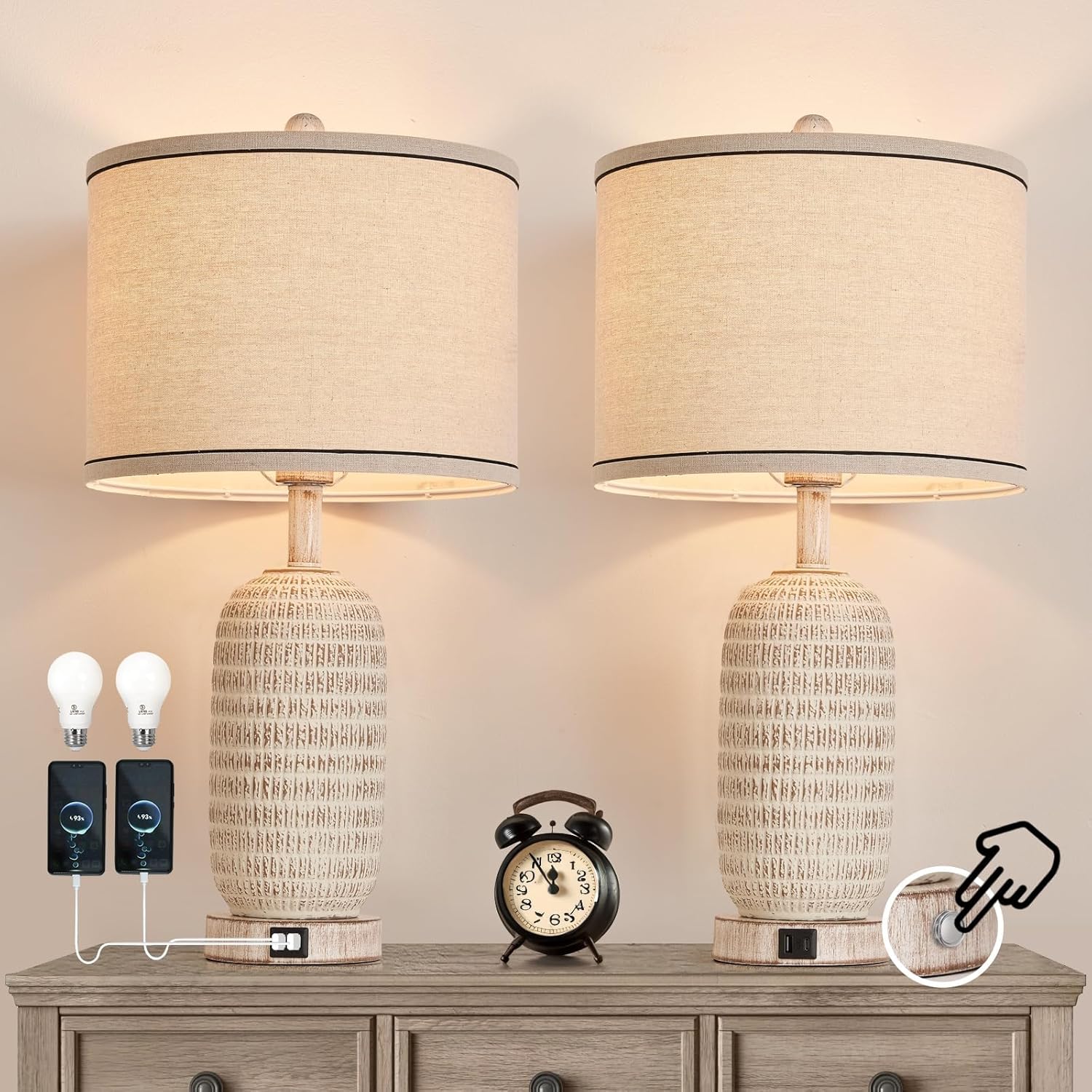 AIDENOEY Set of 2 Table Lamps with USB-A+C Ports,25.5" Farmhouse Table Lamp with Touch Control,3-Way Dimmable Bedside Lamp with Fabric Shade for Living Room,Bedroom,Home,Office(2 Bulbs Included) Brown+White-1