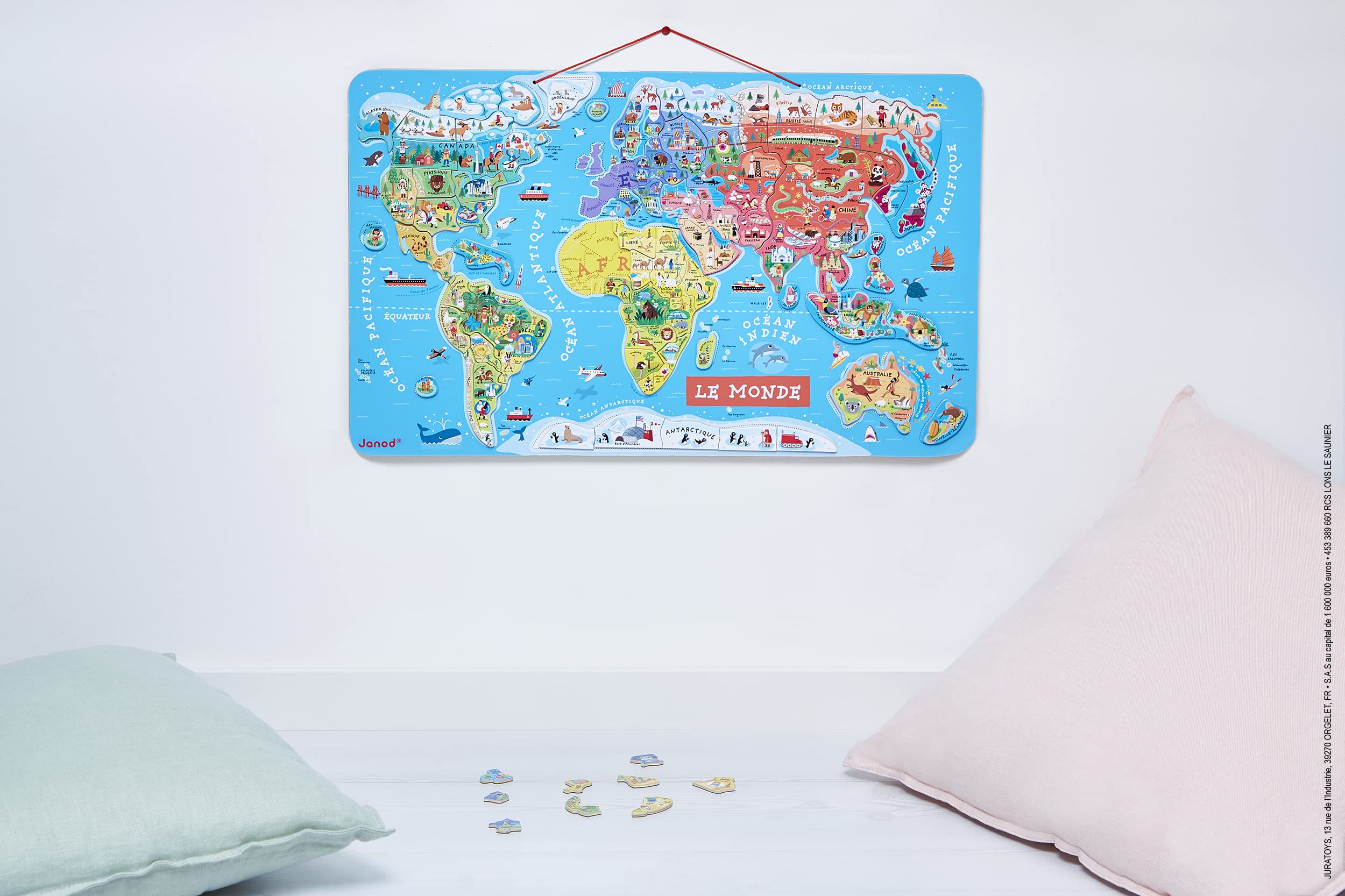 Janod - Drewniana układanka z magnetyczną mapą świata - 92 elementy magnetyczne - 70 x 43 cm - wersja francuska - gra edukacyjna od 7 lat, J05500 Metallic Silver