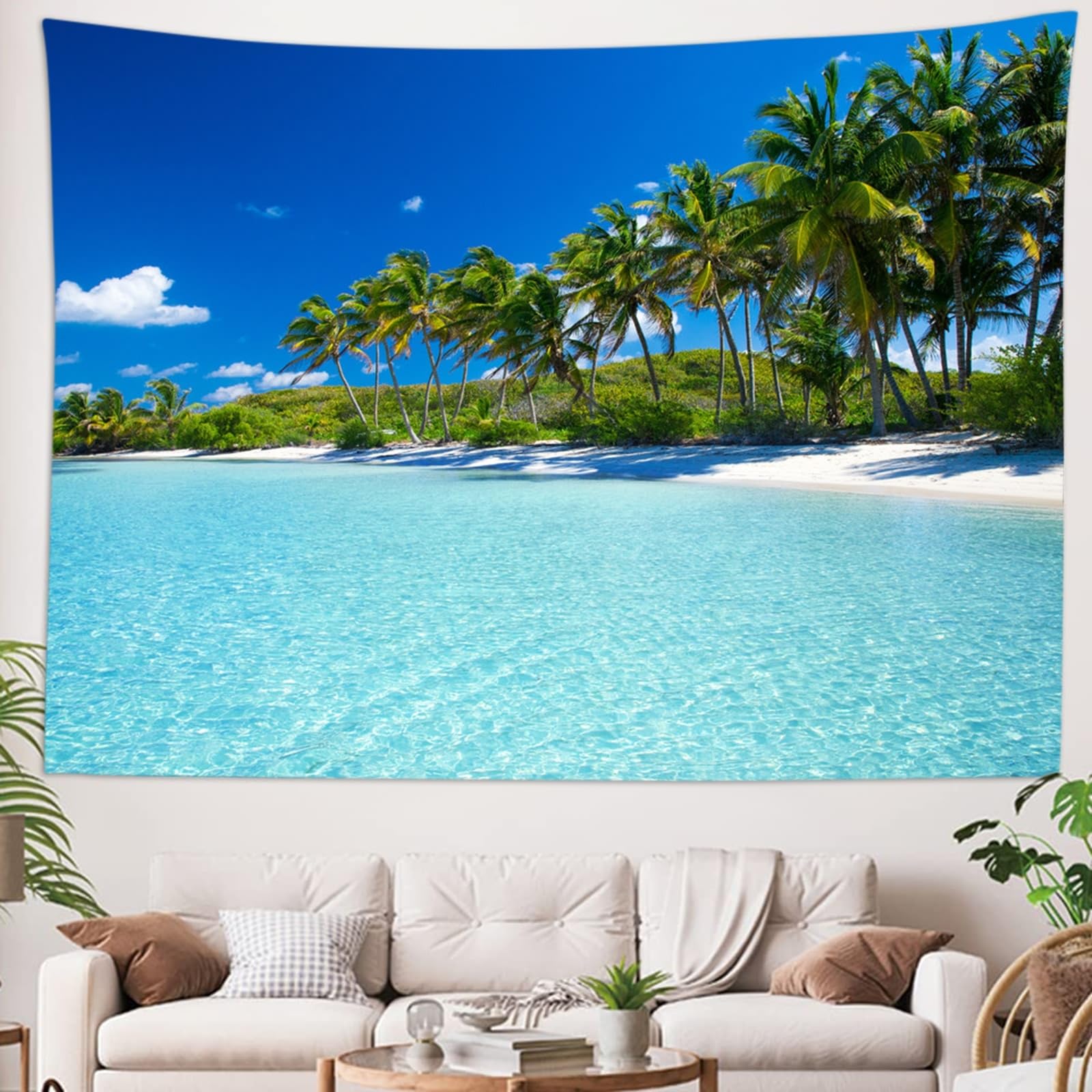Arazzo da parete naturale spiaggia mare paesaggio murale blu grande telo decorativo da parete per esterni, 300 x 260 cm