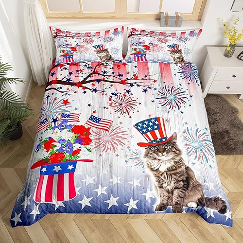 Juego de funda de edredón con diseño de bandera estadounidense para niños, tamaño matrimonial, divertido juego de ropa de cama patriótica con gatos