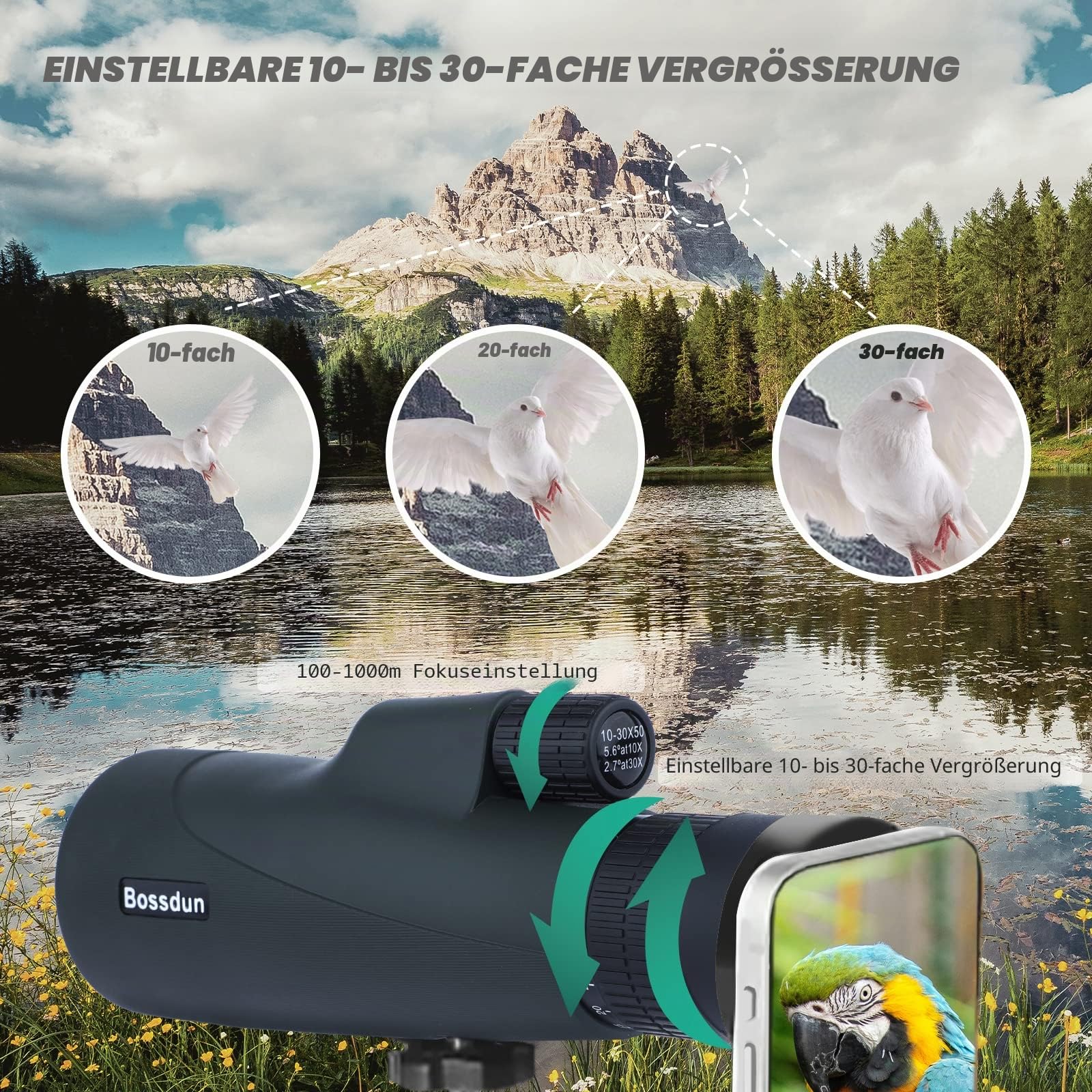 10-30x50 Zoom-Monokular-Teleskop mit Stativ Tragetasche Handschlaufe Telefonadapter - BAK4 Prisma & FMC Objektiv - Wasserdicht für Reisen Vogelbeobachtung Wildtiere Camping Szenerie (Green)