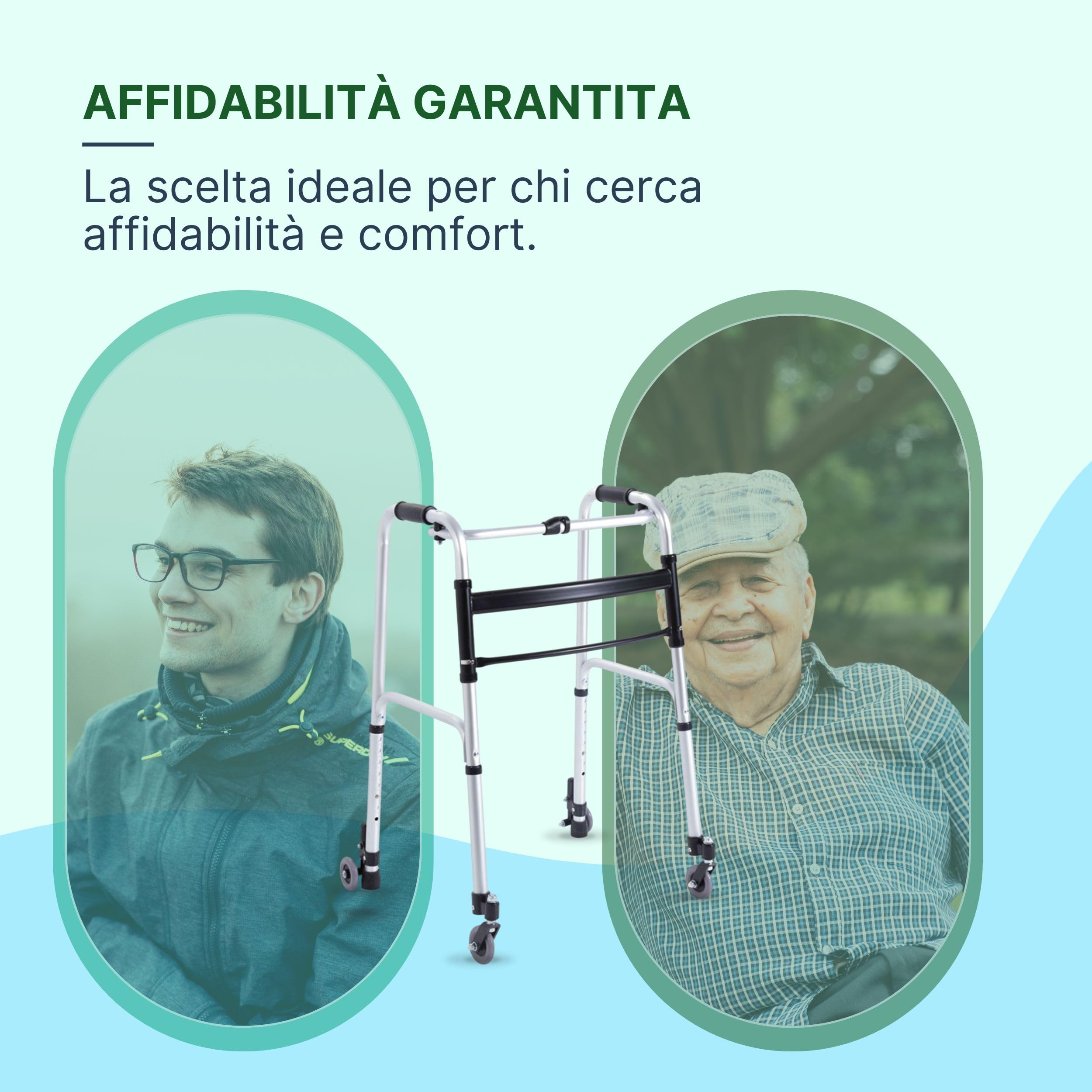 Deambulatore per Anziani 2 Ruote con Rotazione Frizionata e 2 Piroettanti - Girello per Anziani con Freno Autobloccante - Pieghevole