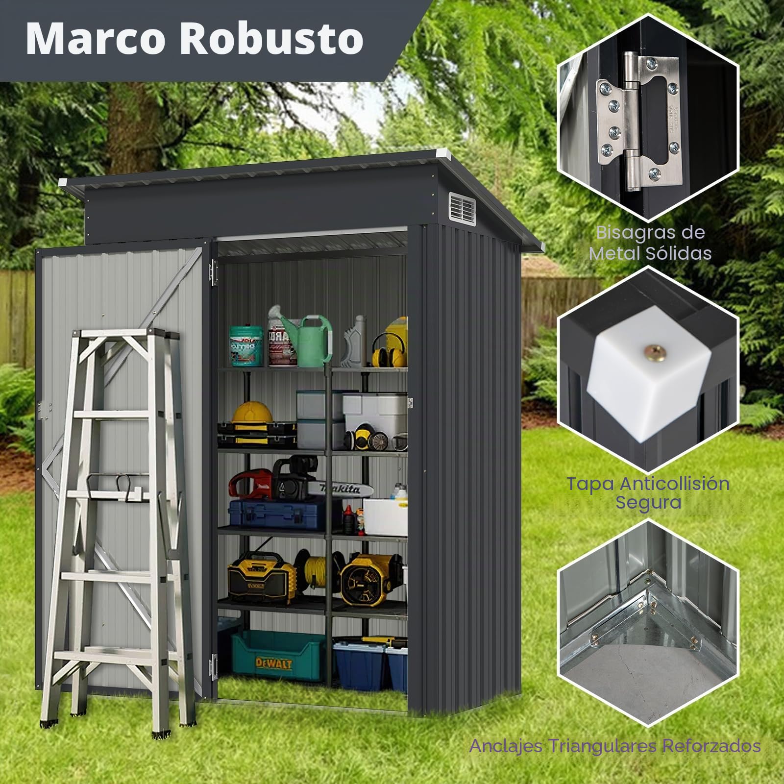 GOPLUS - Caseta de jardín de metal galvanizado para herramienta con techo inclinado, resistente a la intemperidad, 150 x 88 x 185 cm, cabina de jardín con ventilación de 1,88 m³, potre ferrable y