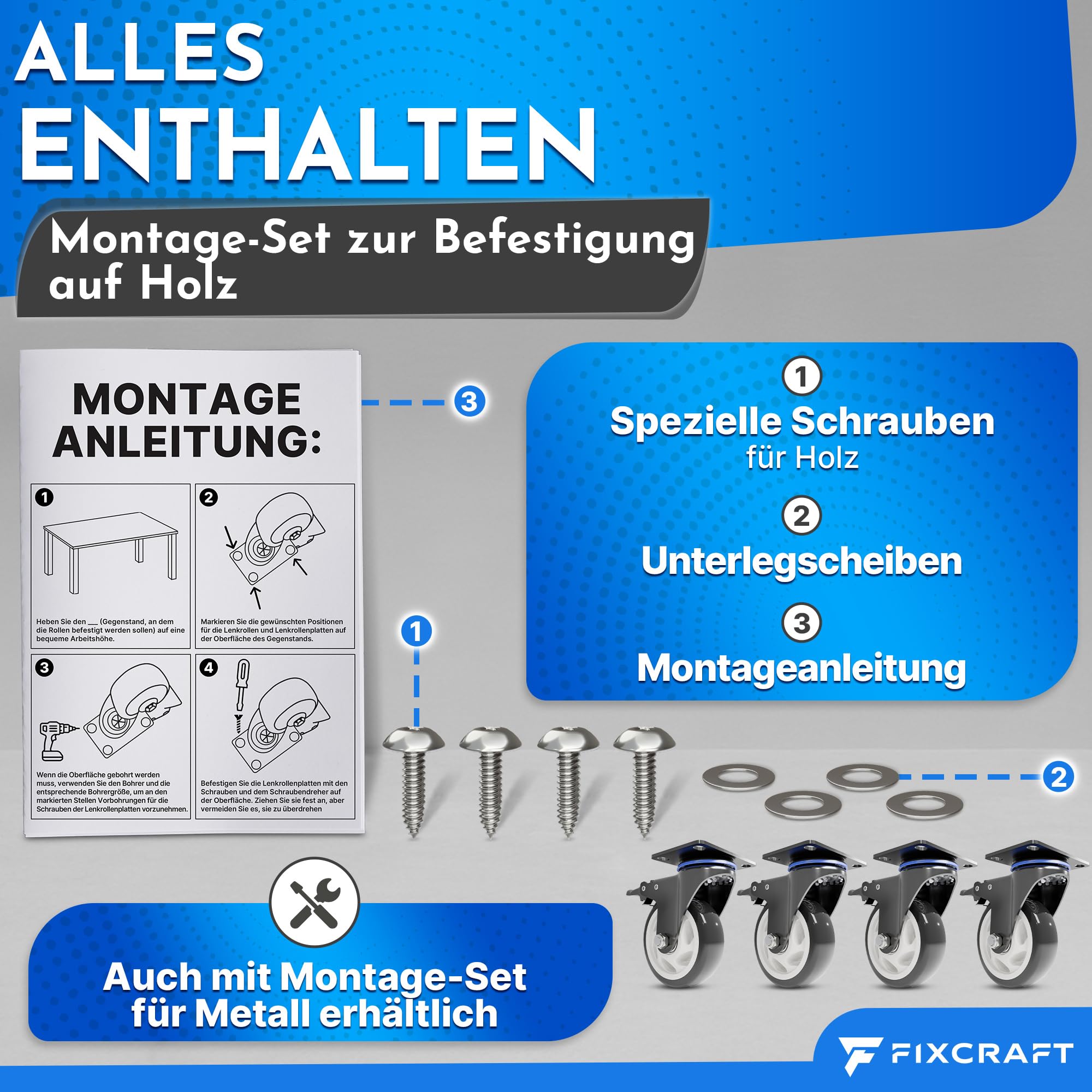 4 Schwerlastrollen mit Bremse [75mm] bis zu 400kg - Lenkrollen | Transportrollen, Möbelrollen, Bockrollen, Räder | Rostfreie Rollen Indoor + Outdoor | Für Werkstatt, Paletten