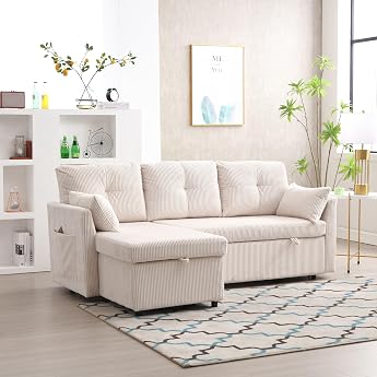 Multifunctional Sofa Bed with Replaceable Chaise Longue, Storage Seat, L-Shaped, Corner Set for Living Room (Beige)