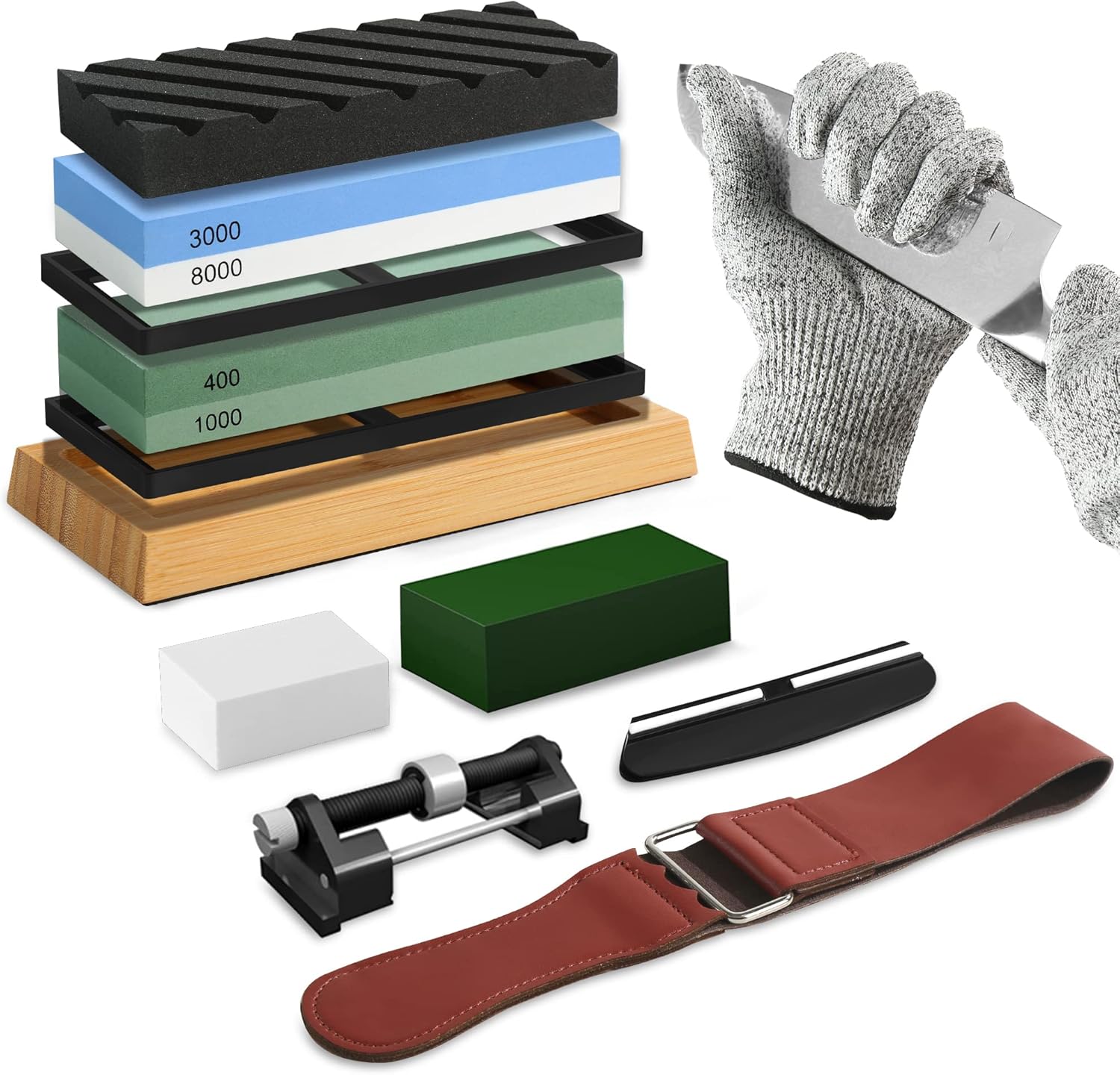 Greenual Knife Sharpening Stone Set Premium 4 Side Grit 400/1000 3000/8000 Whetstone Knife Sharpener Wet Stones Chisel Sharpening Kit Stones Leather Strop Honing Guide for Sharpeners Knives 10 Pieces