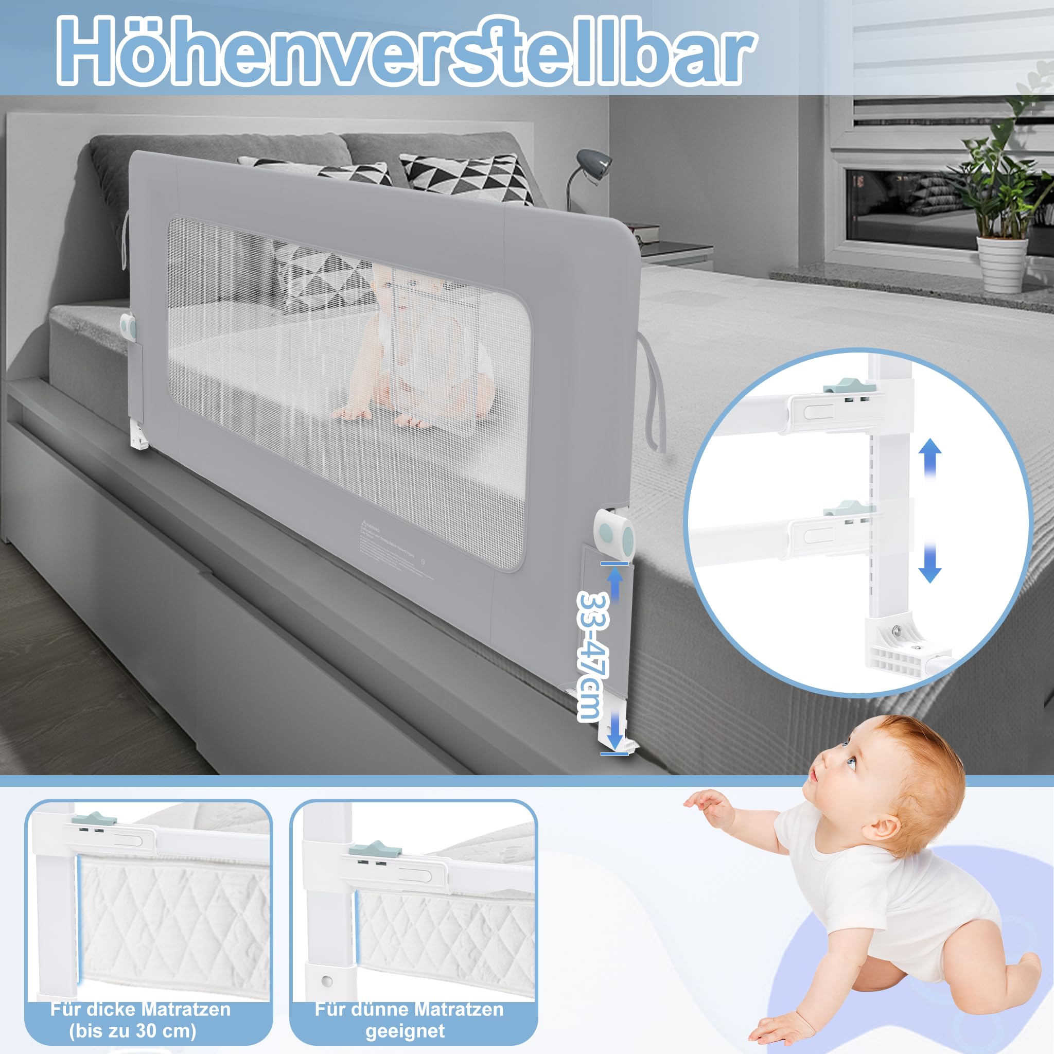 YRHome Griglia di protezione per letto da 150 cm, pieghevole, girevole a 180 gradi, per bambini, rete ariosa, regolabile in altezza, per lettino, letto dei genitori (grigio)
