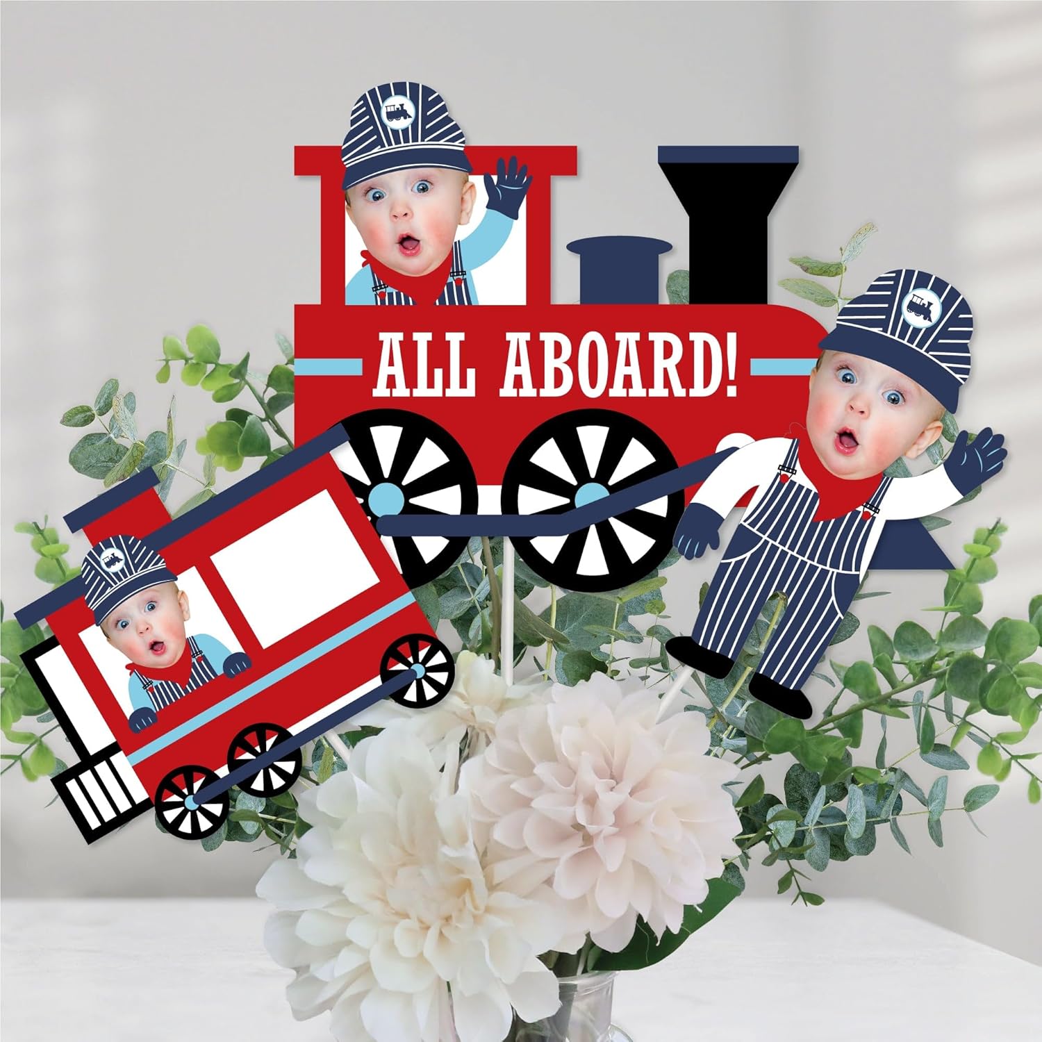 Big Dot of Happiness Custom Photo Railroad Party Crossing - Steam Train Birthday Party or Baby Shower Centerpiece Sticks - Fun Face Table Toppers - Set of 15