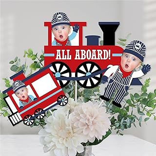 Big Dot of Happiness Custom Photo Railroad Party Crossing - Steam Train Birthday Party or Baby Shower Centerpiece Sticks - Fun Face Table Toppers - Set of 15