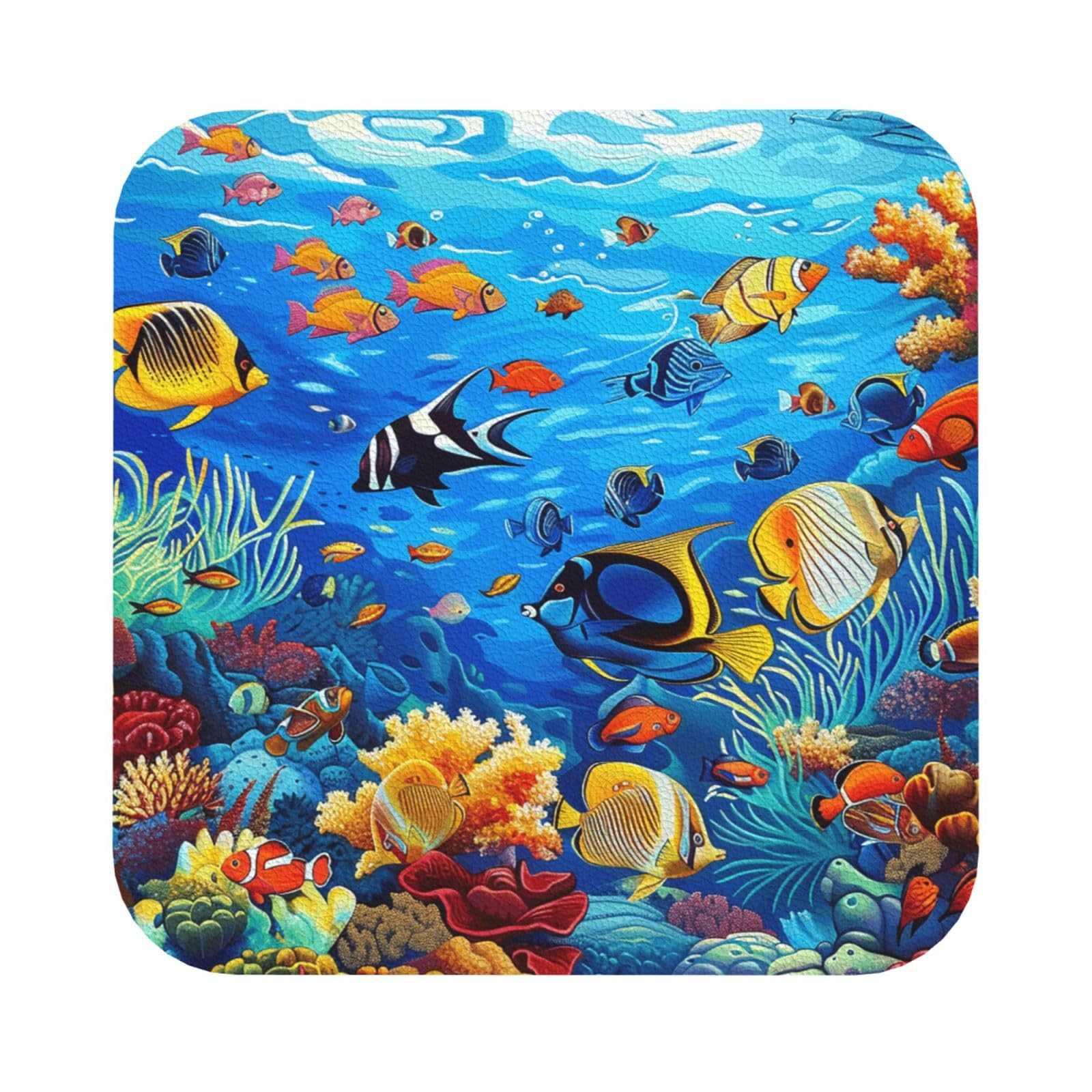 Tropical Fish Coral Undersea World Print Leather Coaster Set of 6, Square Coasters Table Decorative Coffee Cup Beverage Coasters Wine Beer Bar Coasters for Hot Drinks Table Protection