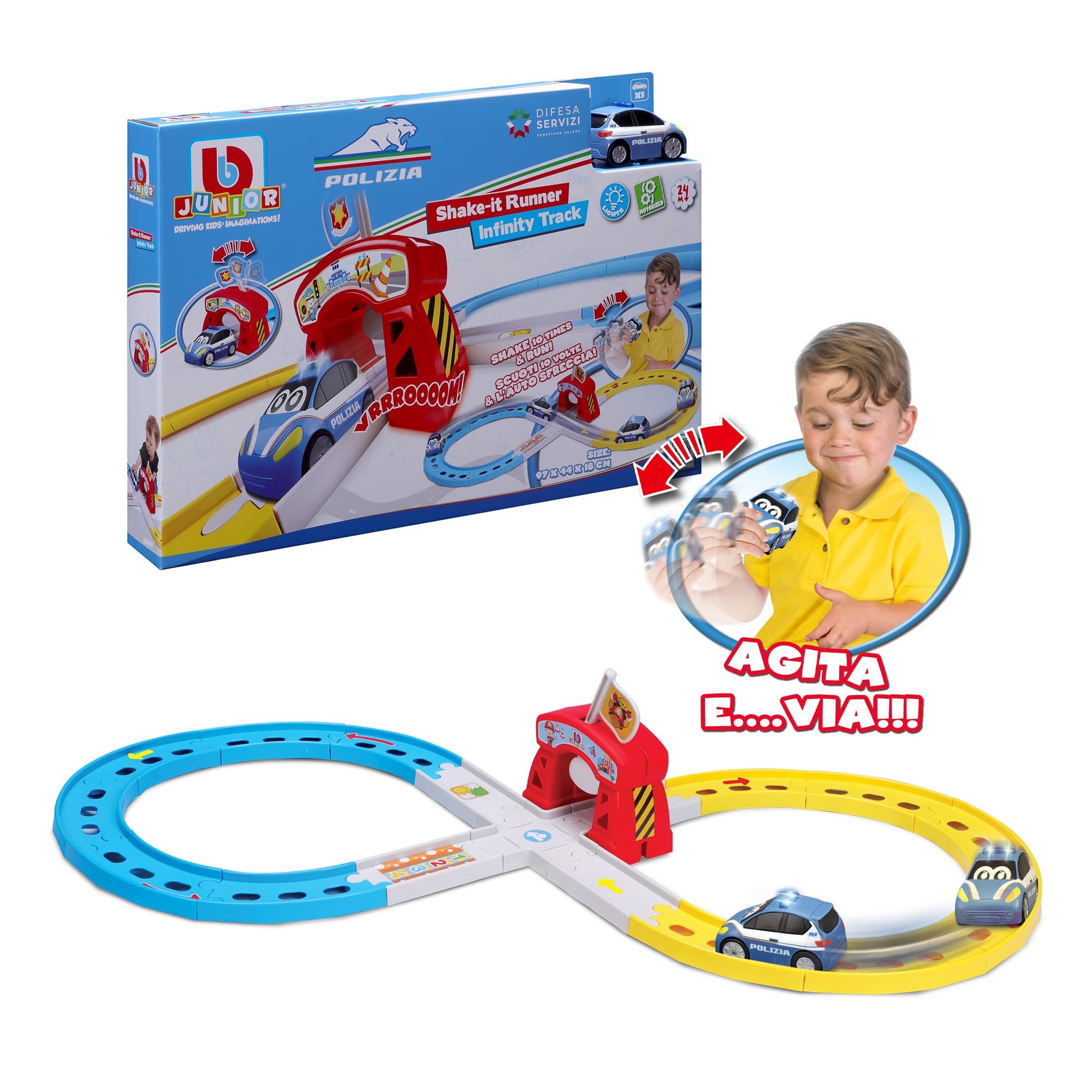 BBURAGO Shake-It Runner Infinity Track Polizia - Pista da Corsa Giocattolo con Macchina della Polizia, Funzione Shake & Go, Licenza Ufficiale Polizia, Età Consigliata 24+ Mesi