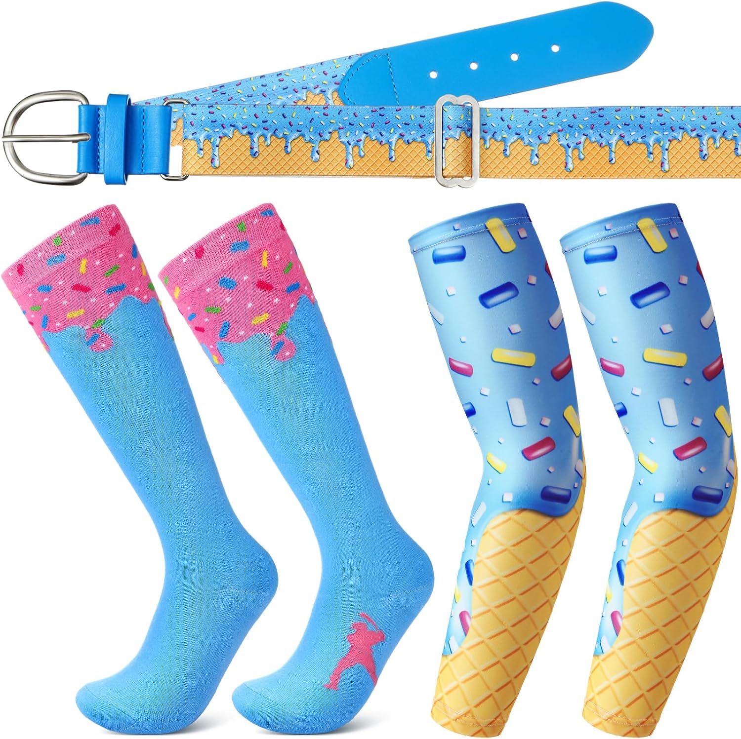 3 Pack Ice Cream Drip Baseball Stuff, Baseball Dirp Arm Sleeve and Belt and Socks for Youth Boy Sport (S,Blue)