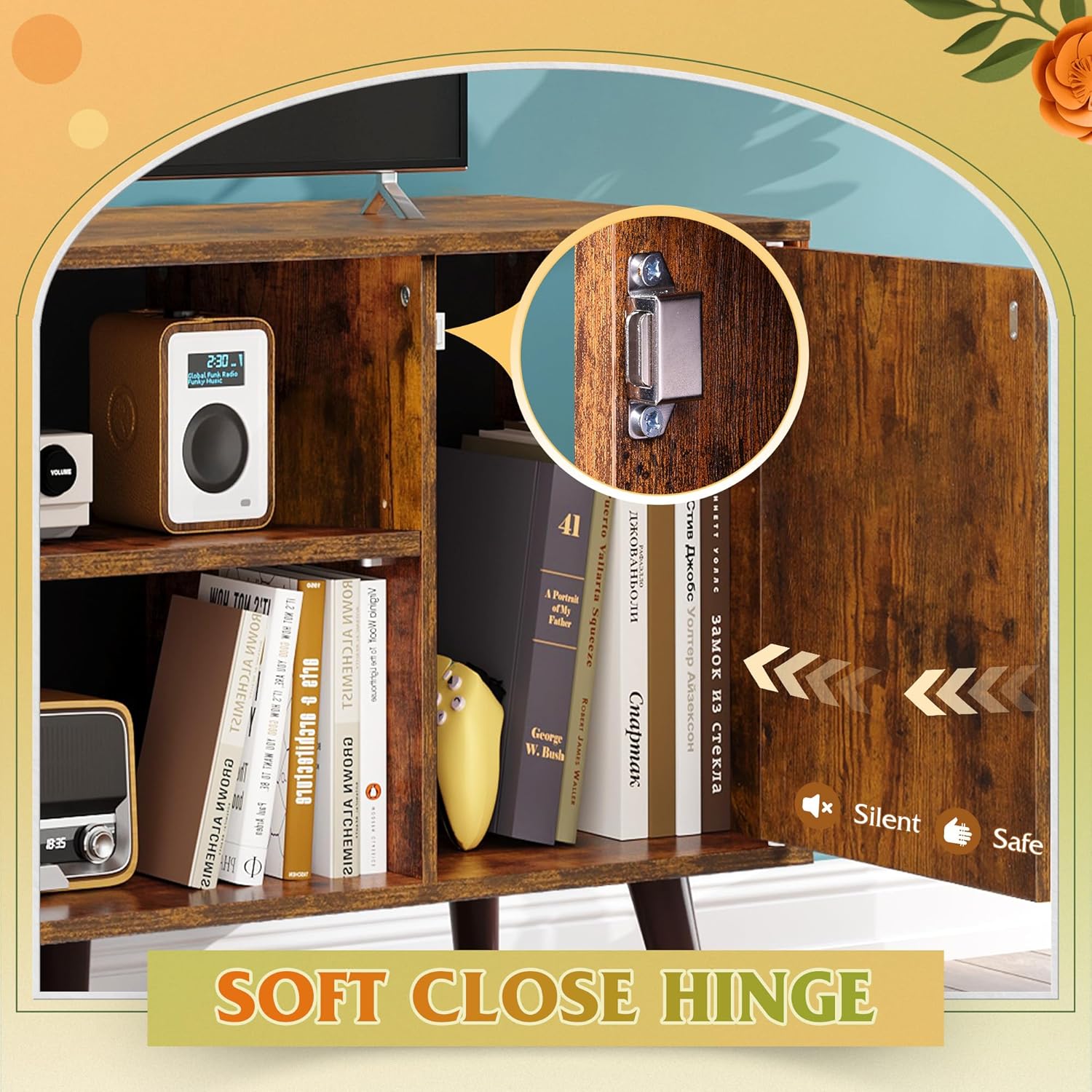 WLIVE TV Stand for 43 Inch TV, Small Entertainment Center with Storage Cabinet & Adjustable Shelves, Mid-Century Modern TV Stands for Living Room and Bedroom, 32" TV Console, Brown