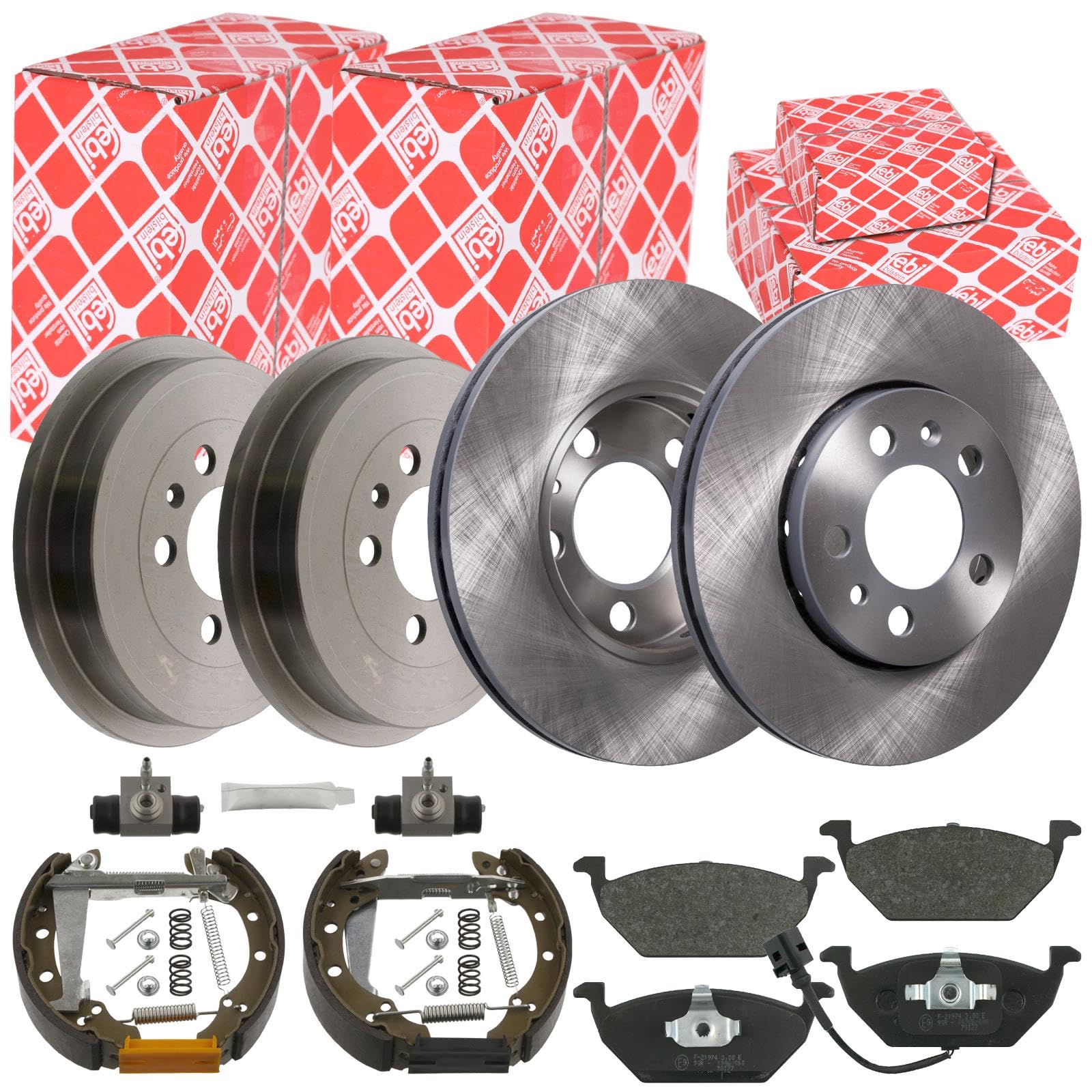 Febi Bremsscheiben+Beläge vorne+Bremstrommeln+Bremsbacken Set hinten | 14404+16446+24034+37562 für Polo