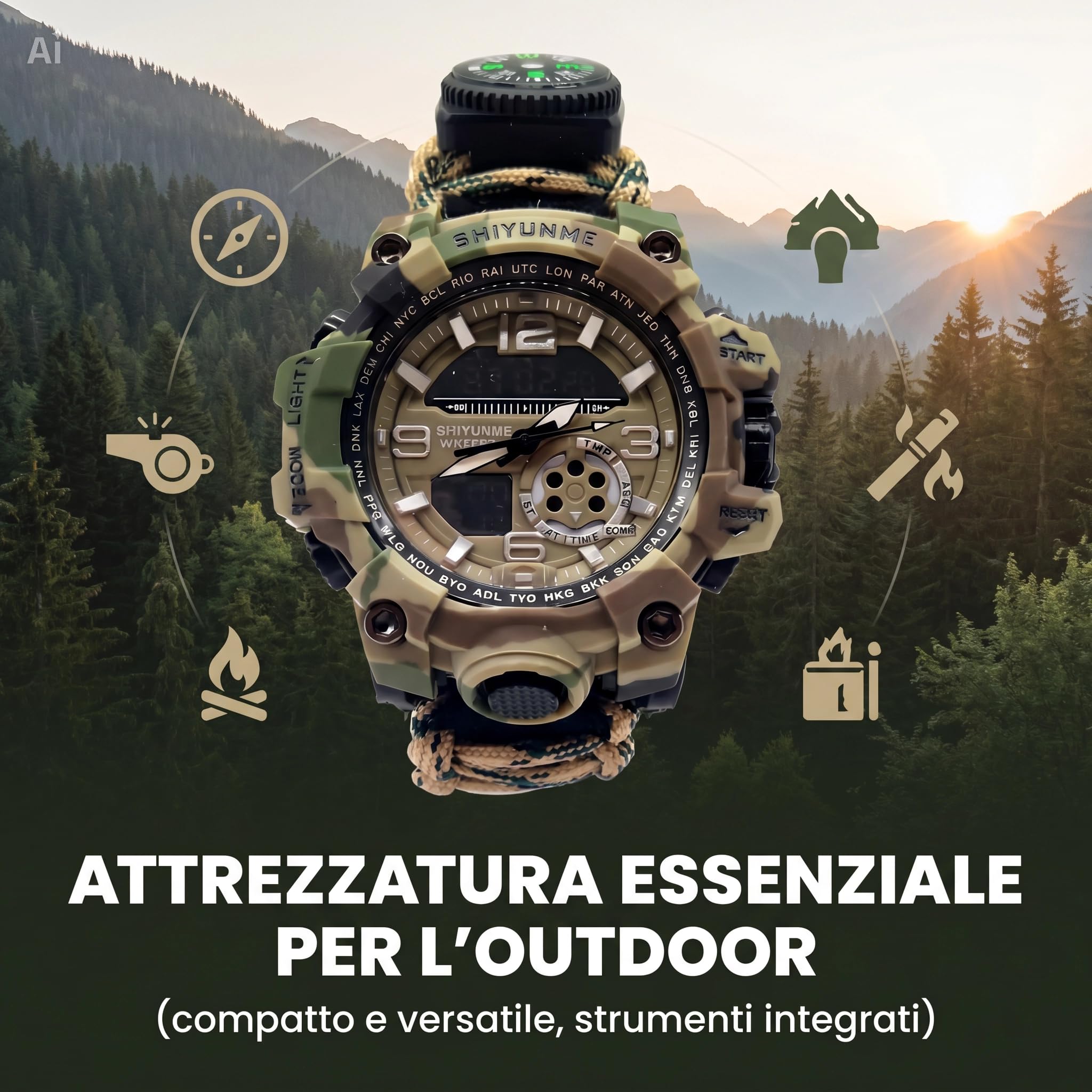 Bracelet tactique multifonction 7 en 1 - Montre de survie avec boussole, thermomètre, sifflet et corde de parachute de 113 kg - Pour camping, randonnée et escalade